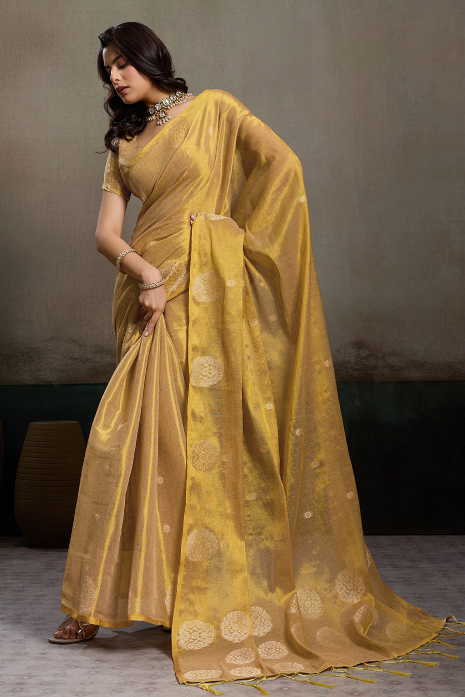 Buy MySilkLove Pastel Yellow Woven Tissue Saree Online