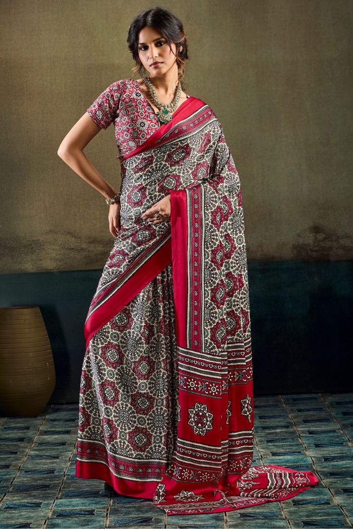 Buy MySilkLove Barn Red Modal Ajrakh Satin Printed Silk Saree Online