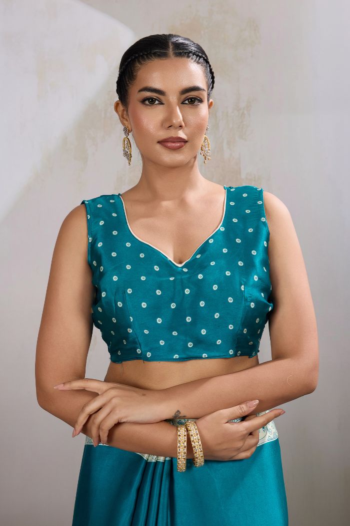 Buy MySilkLove Water Blue Modal Ajrakh Printed Satin Silk Saree Online