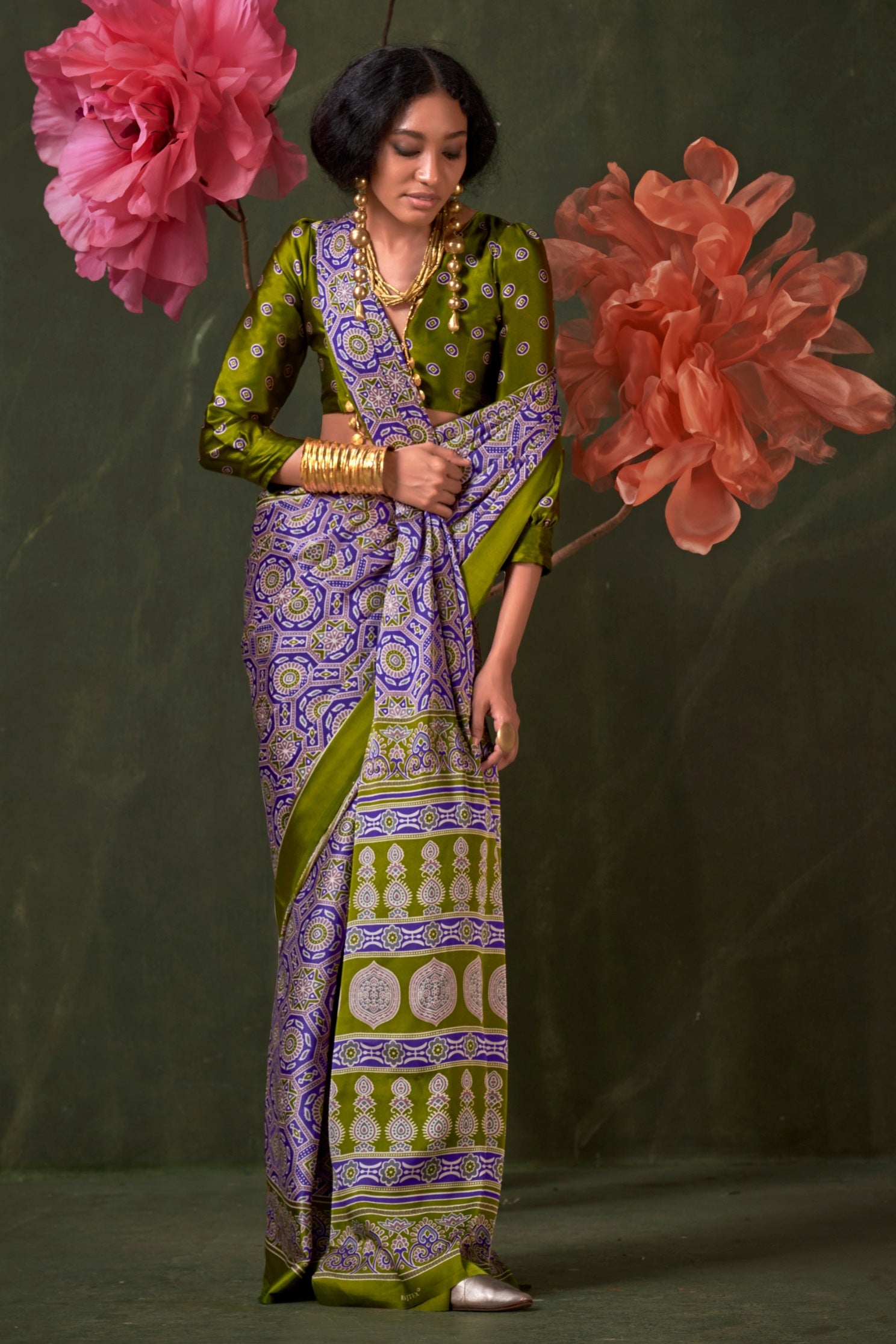 MySilkLove Veronica Purple and Green Ajrakh Printed Satin Crepe Silk Saree