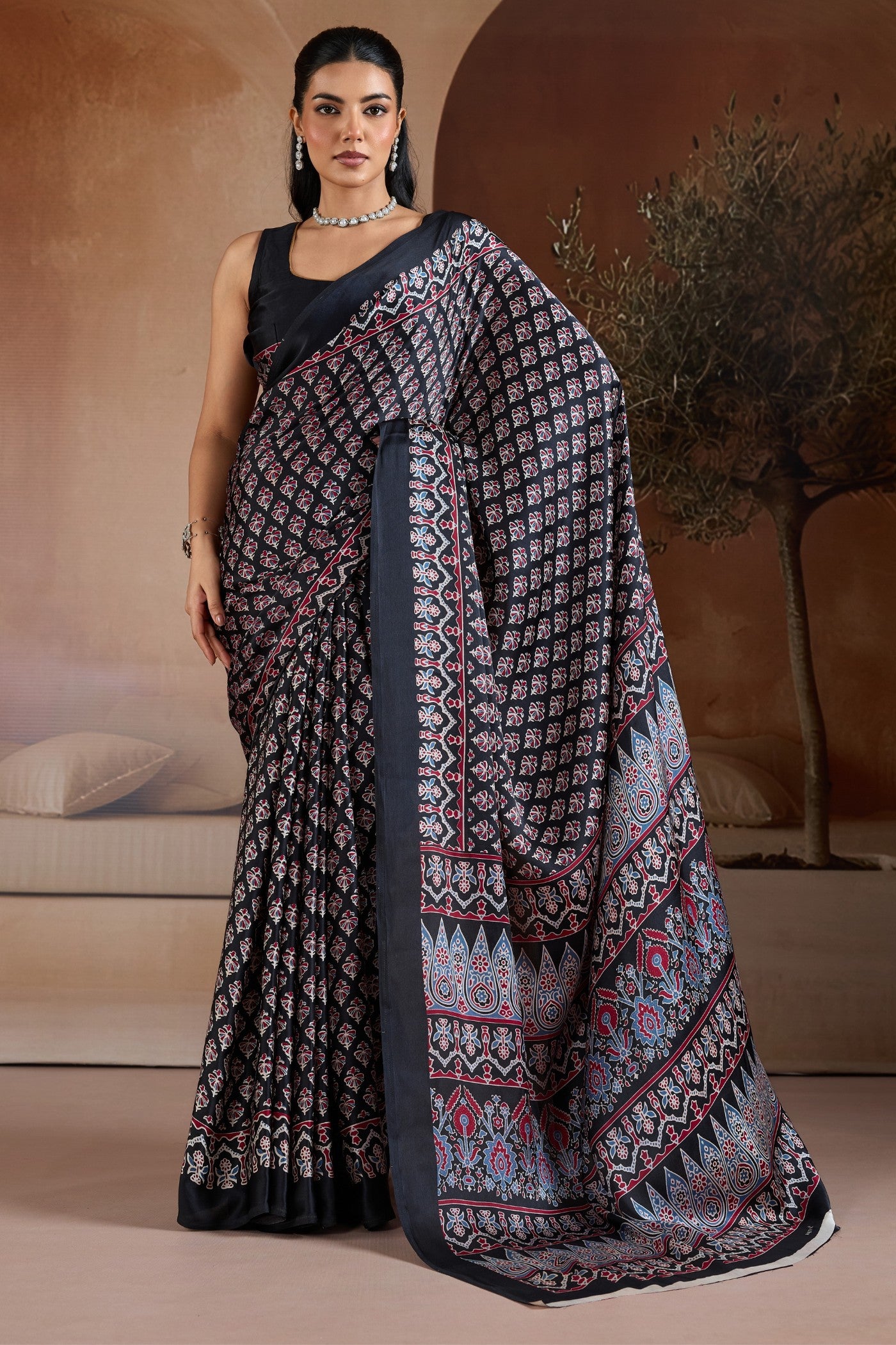Buy MySilkLove Eclipse Black Ajrakh Printed Satin Crepe Silk Saree Online