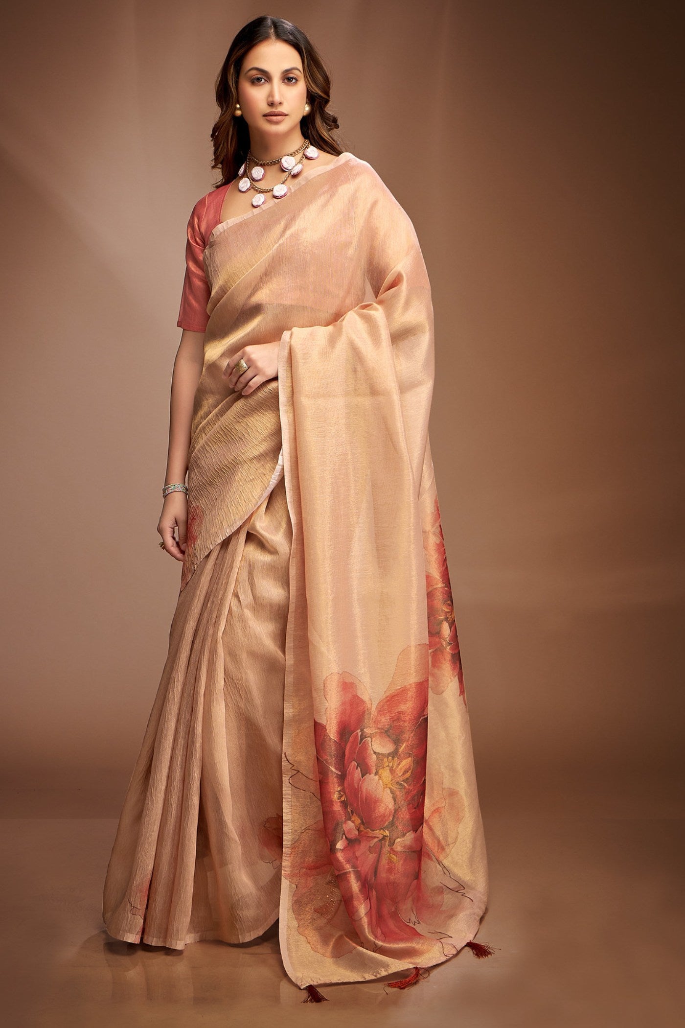 Buy MySilkLove Alabaster Cream Printed Tissue Saree Online