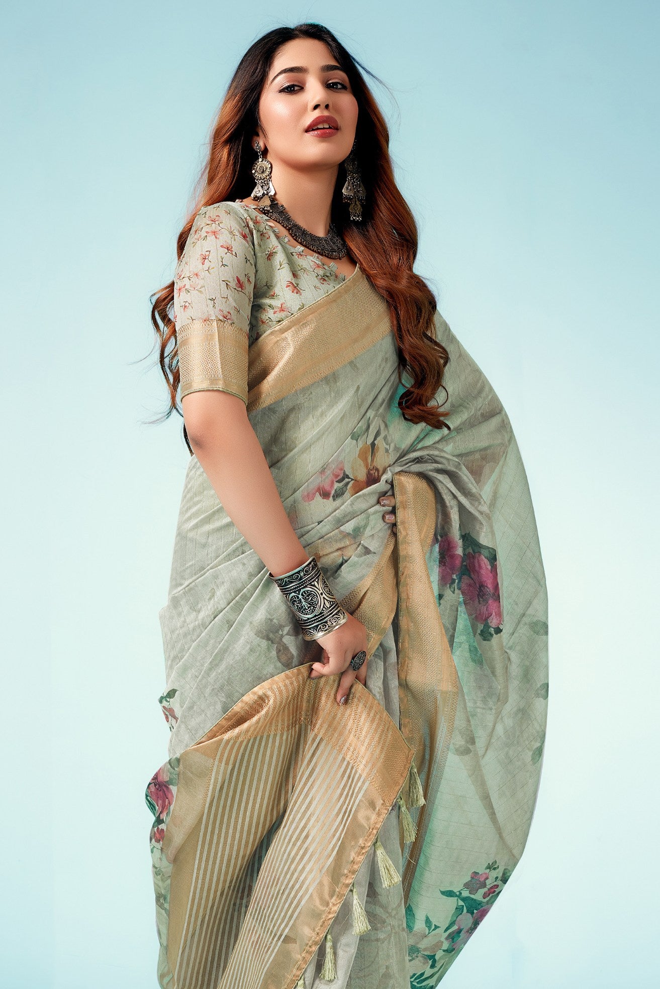 Buy MySilkLove Tallow Green Floral Linen Saree Online