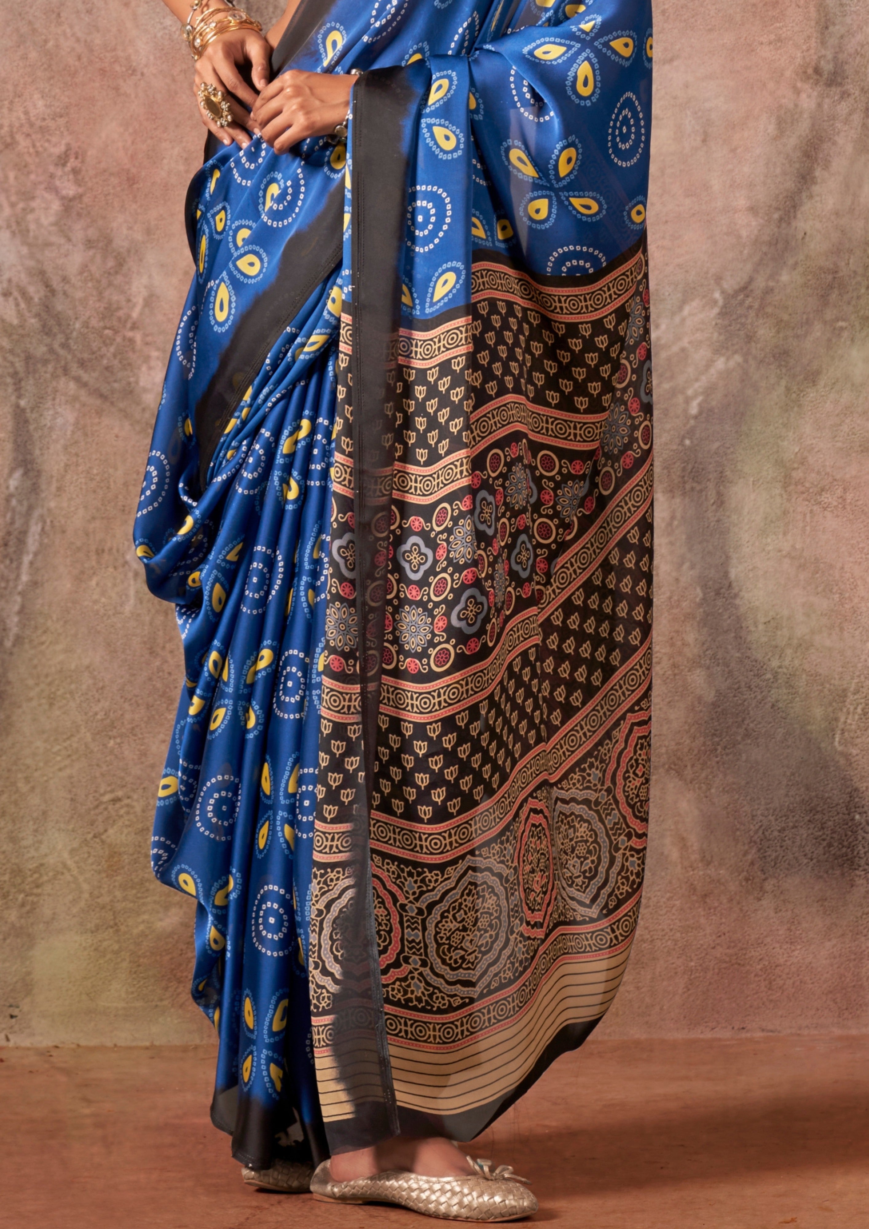 Buy MySilkLove Midnight Blue Ajrakh Printed Satin Georgette Silk Saree Online