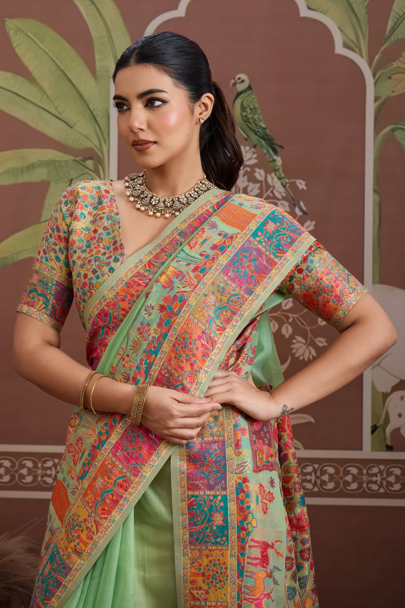 MySilkLove Pista Green Kashmiri Handllom Jamewar Saree