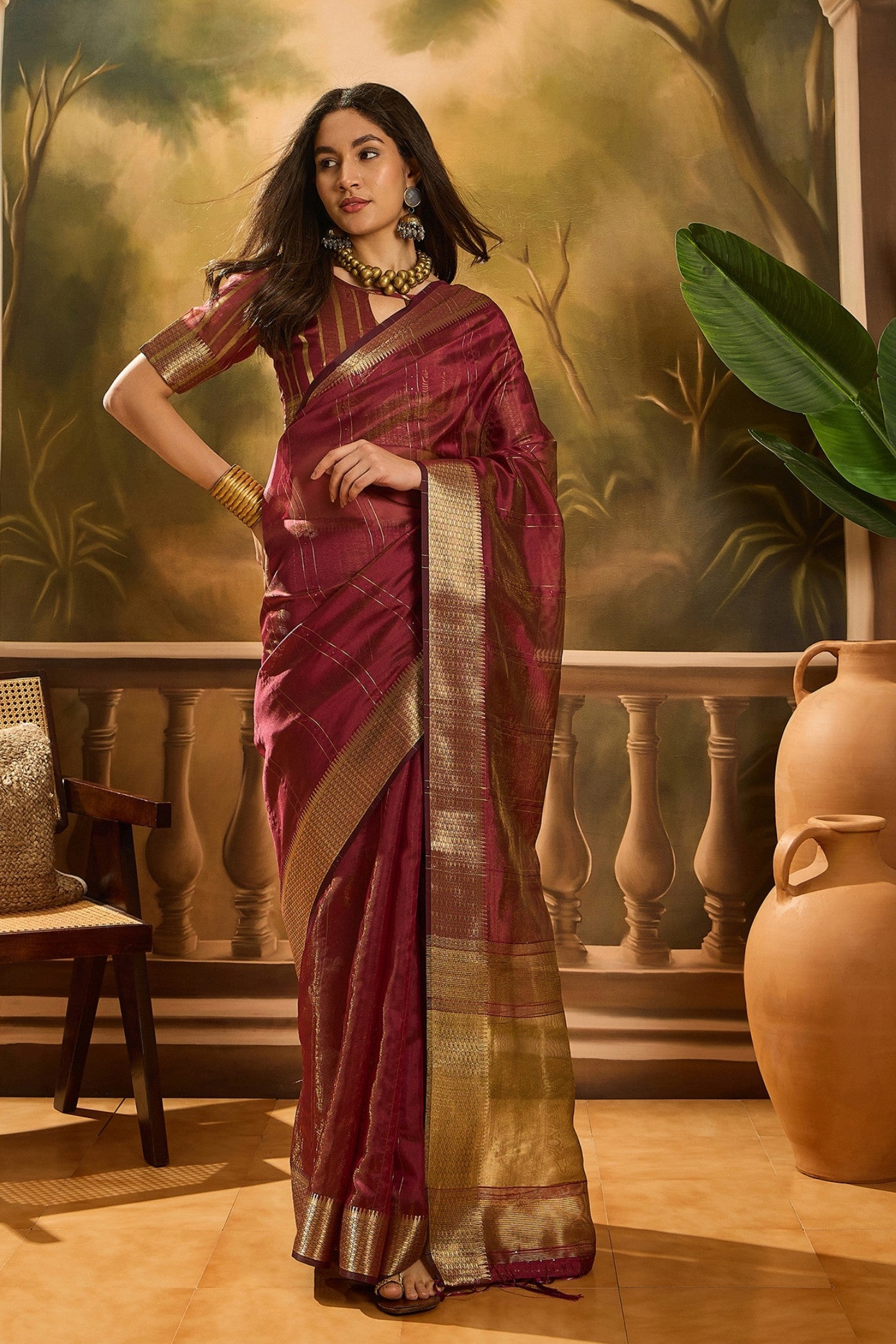 Buy MySilkLove Brick Maroon Woven Organza Saree Online