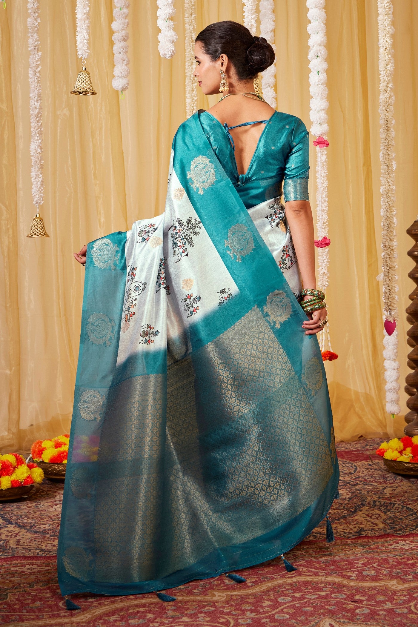 Buy MySilkLove Neptune Blue Kalamkari Printed Saree Online