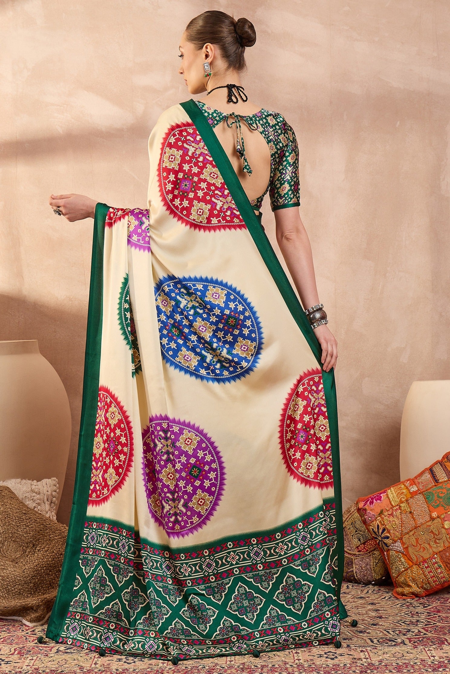 Buy MySilkLove Buttery Cream and Green Modal Ajrakh Printed Silk Saree Online