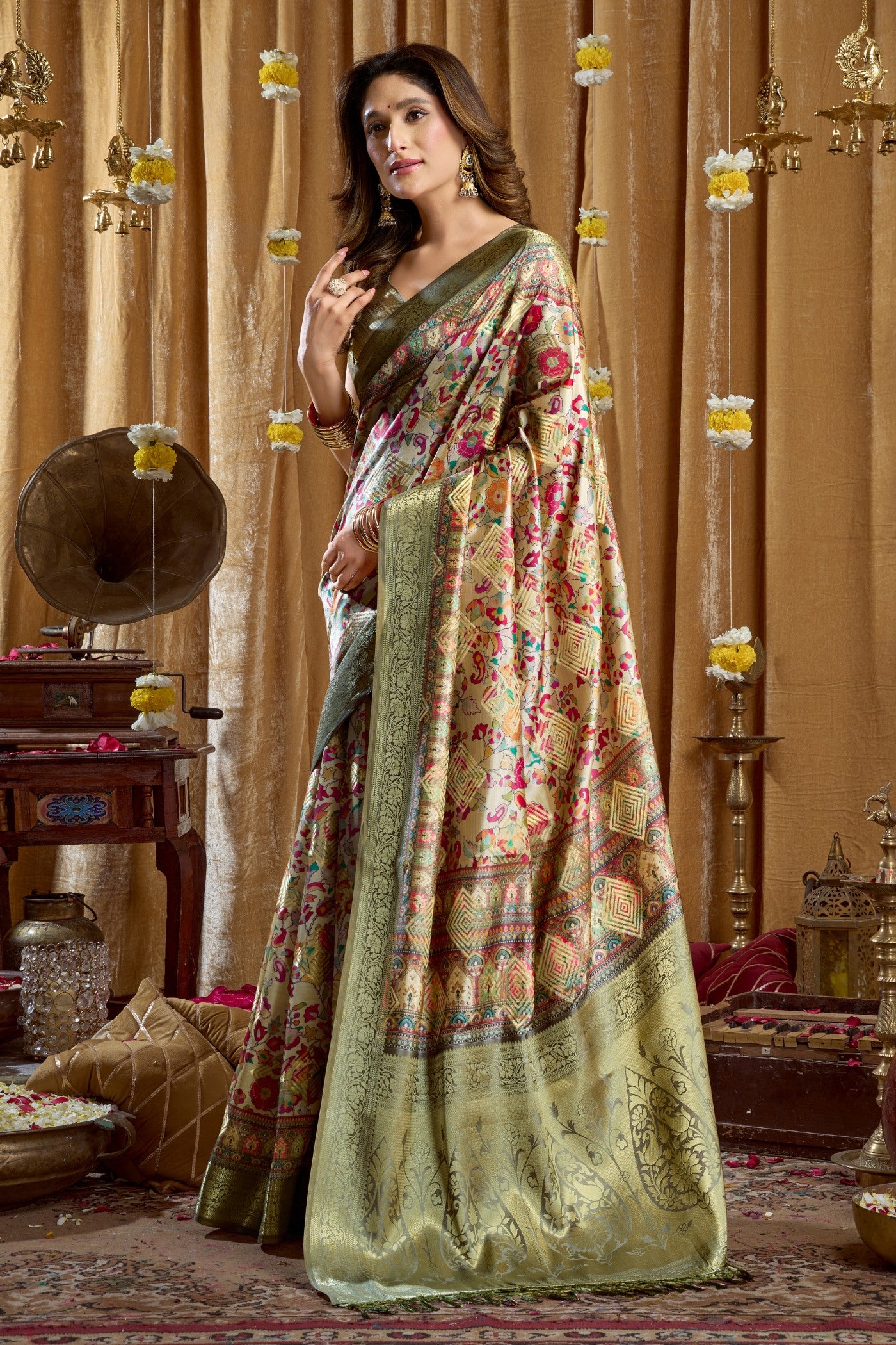 Buy MySilkLove Olive Green Digital Printed Banarasi Saree Online