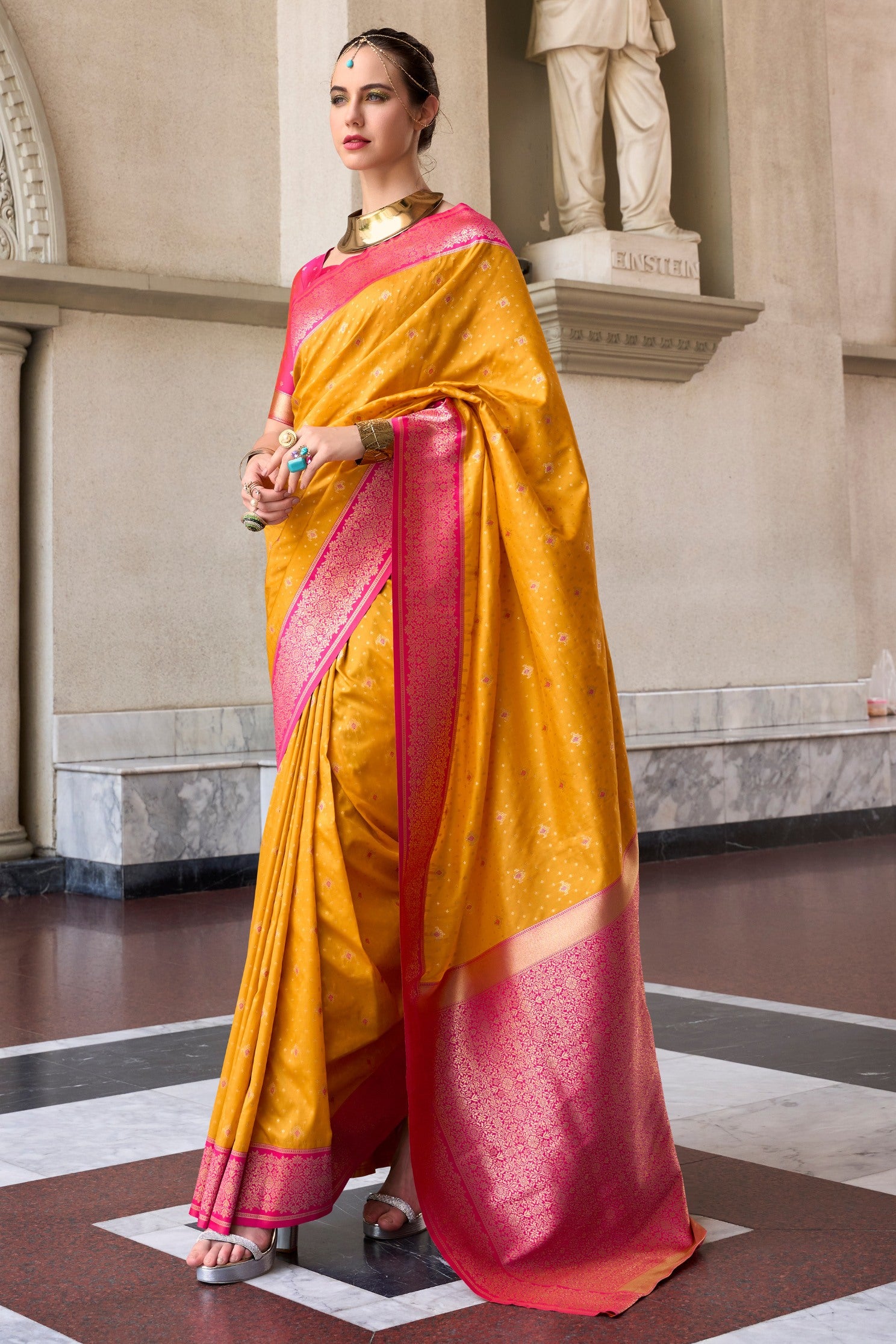 Buy MySilkLove Gamboge Orange Zari Woven Banarasi Soft Silk Saree Online