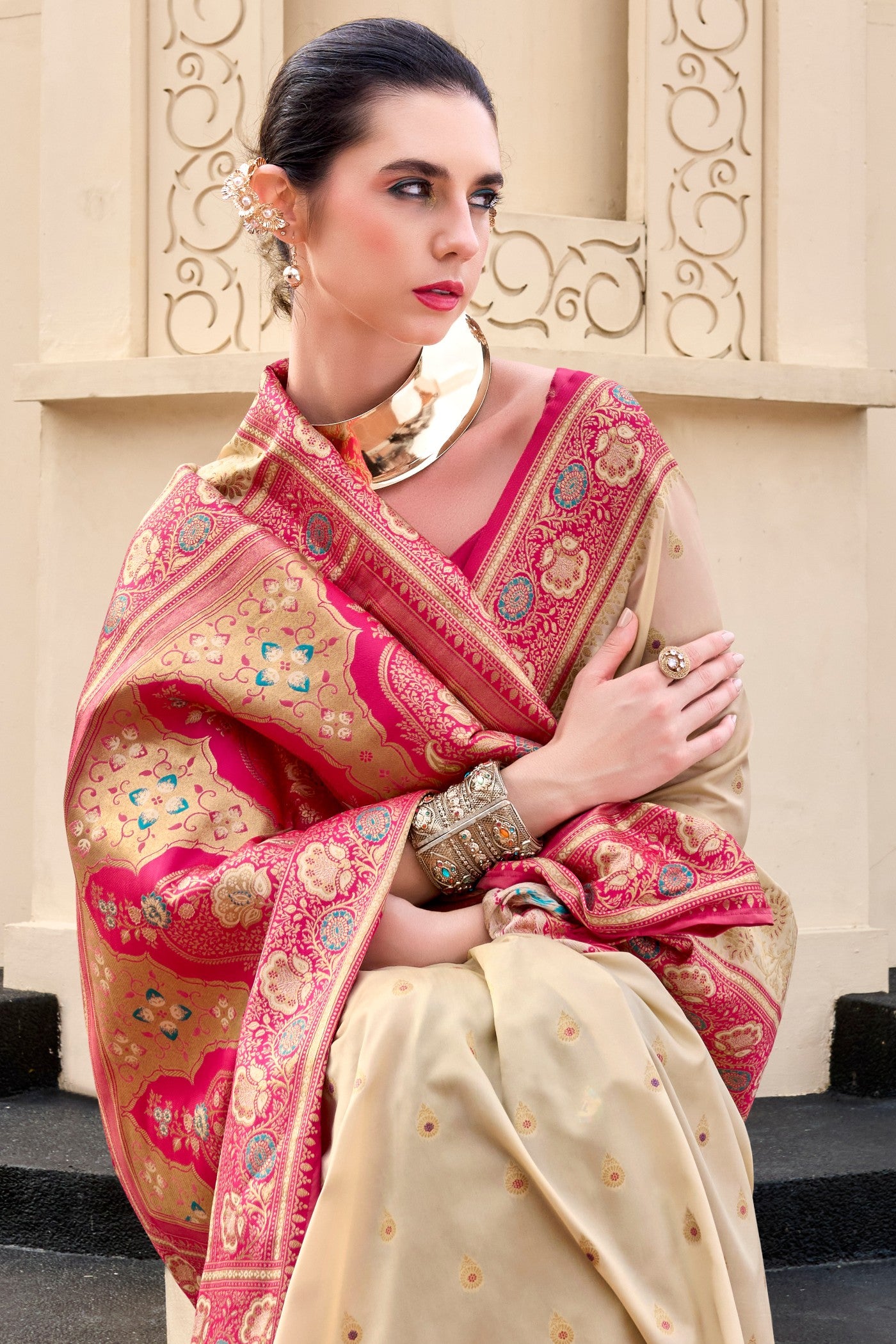 Buy MySilkLove Vanilla Cream Woven Banarasi Saree Online