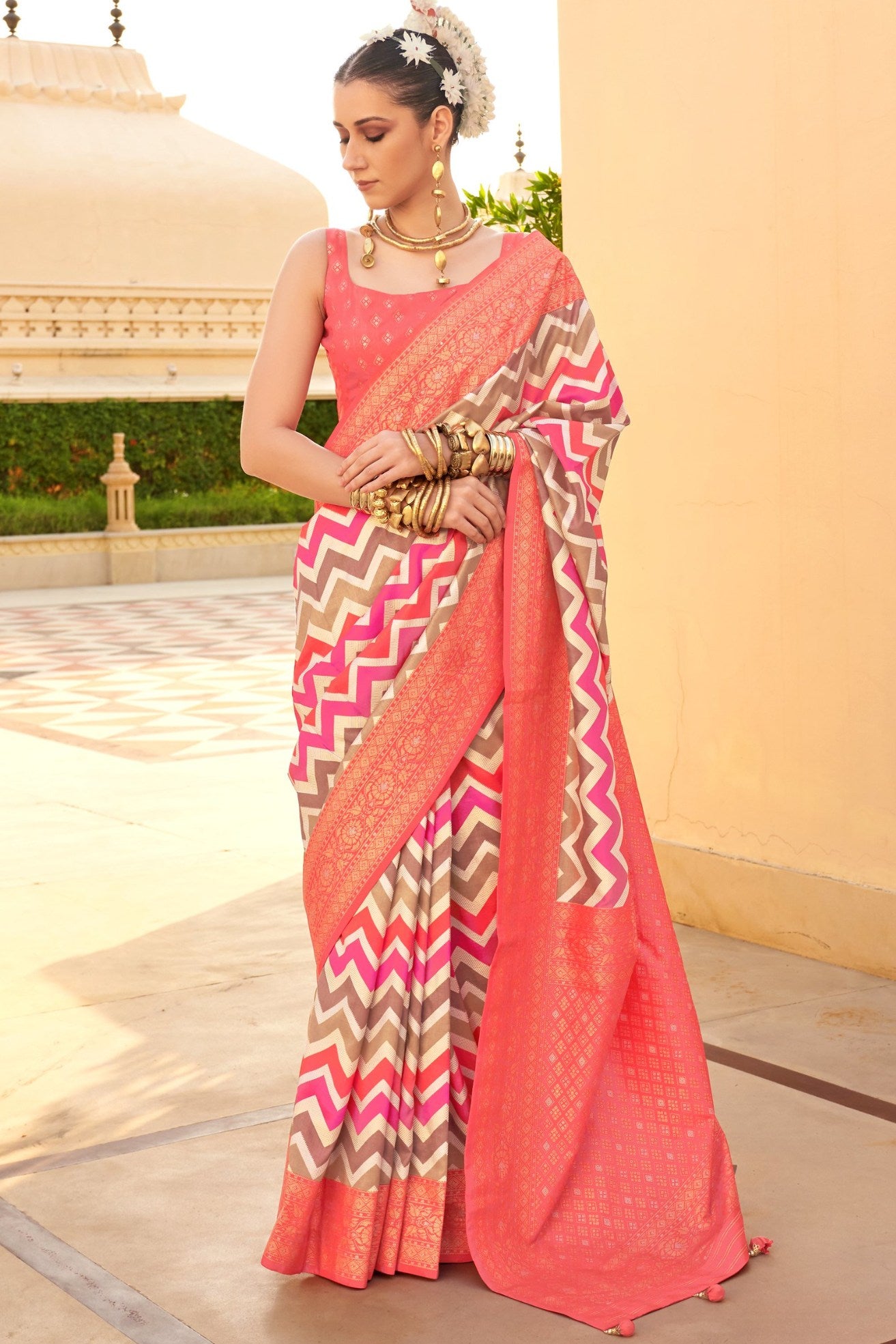 Buy MySilkLove Pink Sherbert Woven Patola Printed Silk Saree Online