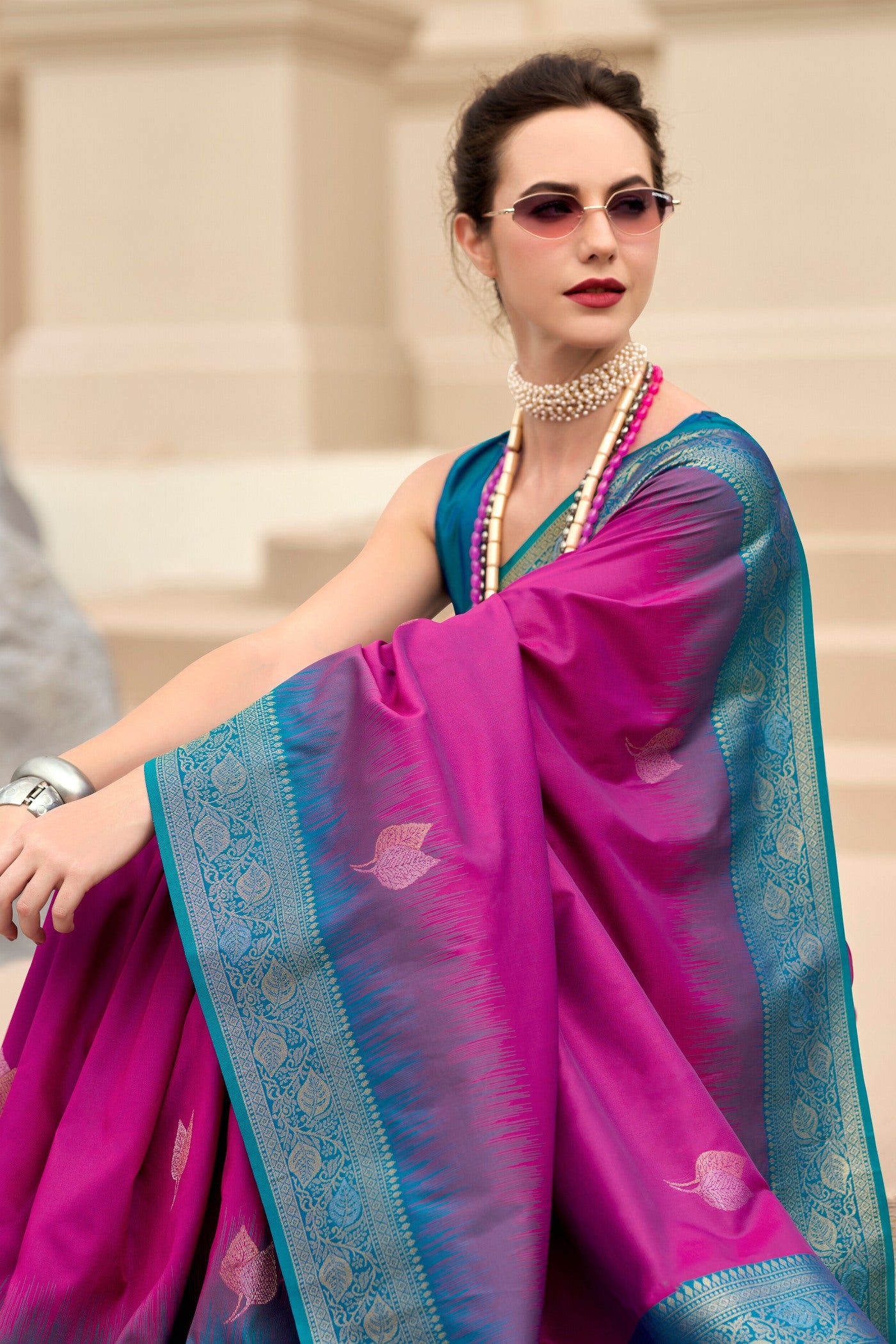 Buy MySilkLove Cerise Purple Woven Banarasi Soft Silk Saree Online