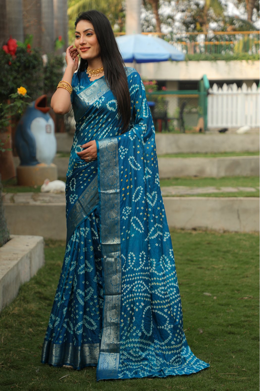 Buy MySilkLove Chathams Blue Designer Bandhani Printed Saree Online