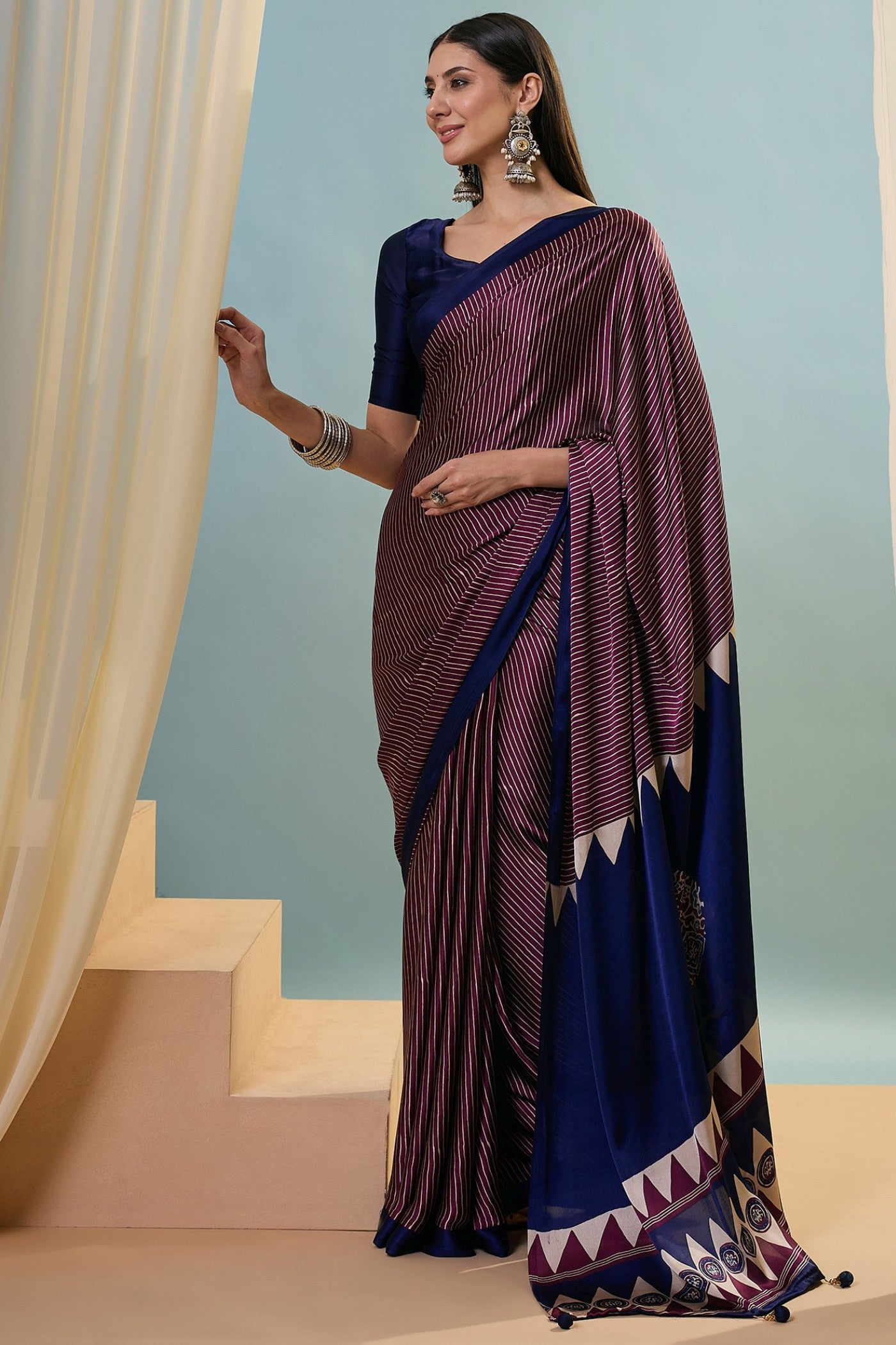 Buy MySilkLove Dark Purple Ajrakh Printed Satin Crepe Silk Saree Online