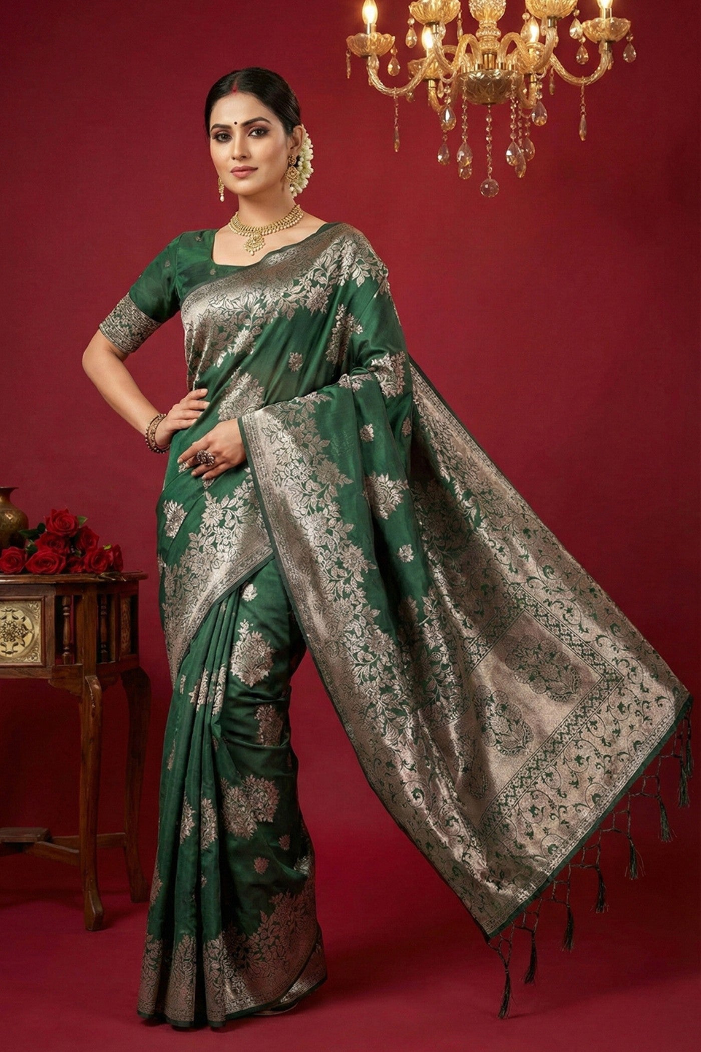 Buy MySilkLove Hunter Green Woven Banarasi Silk Saree Online