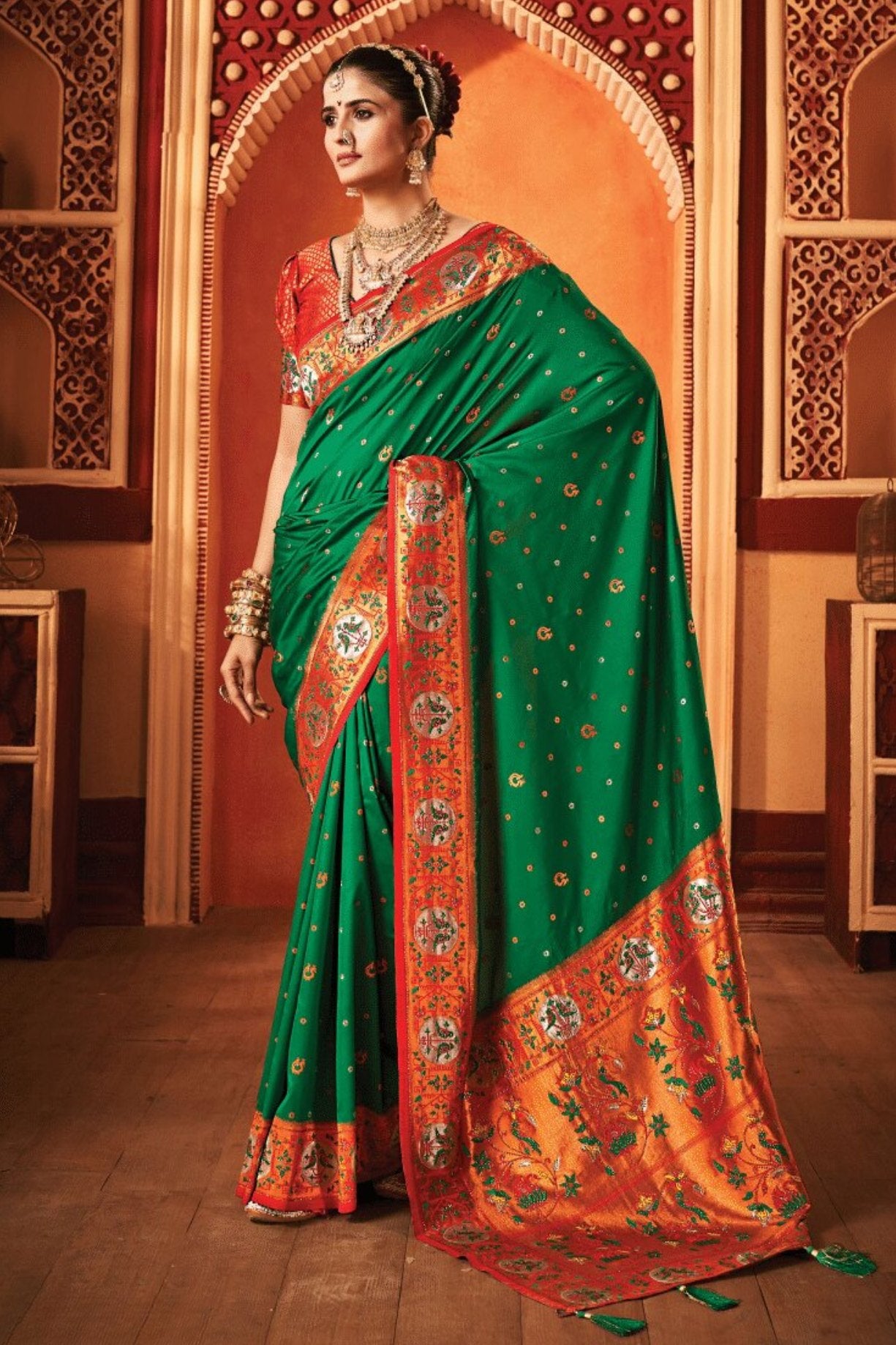 Buy MySilkLove Pine Green Woven Paithani Saree Online