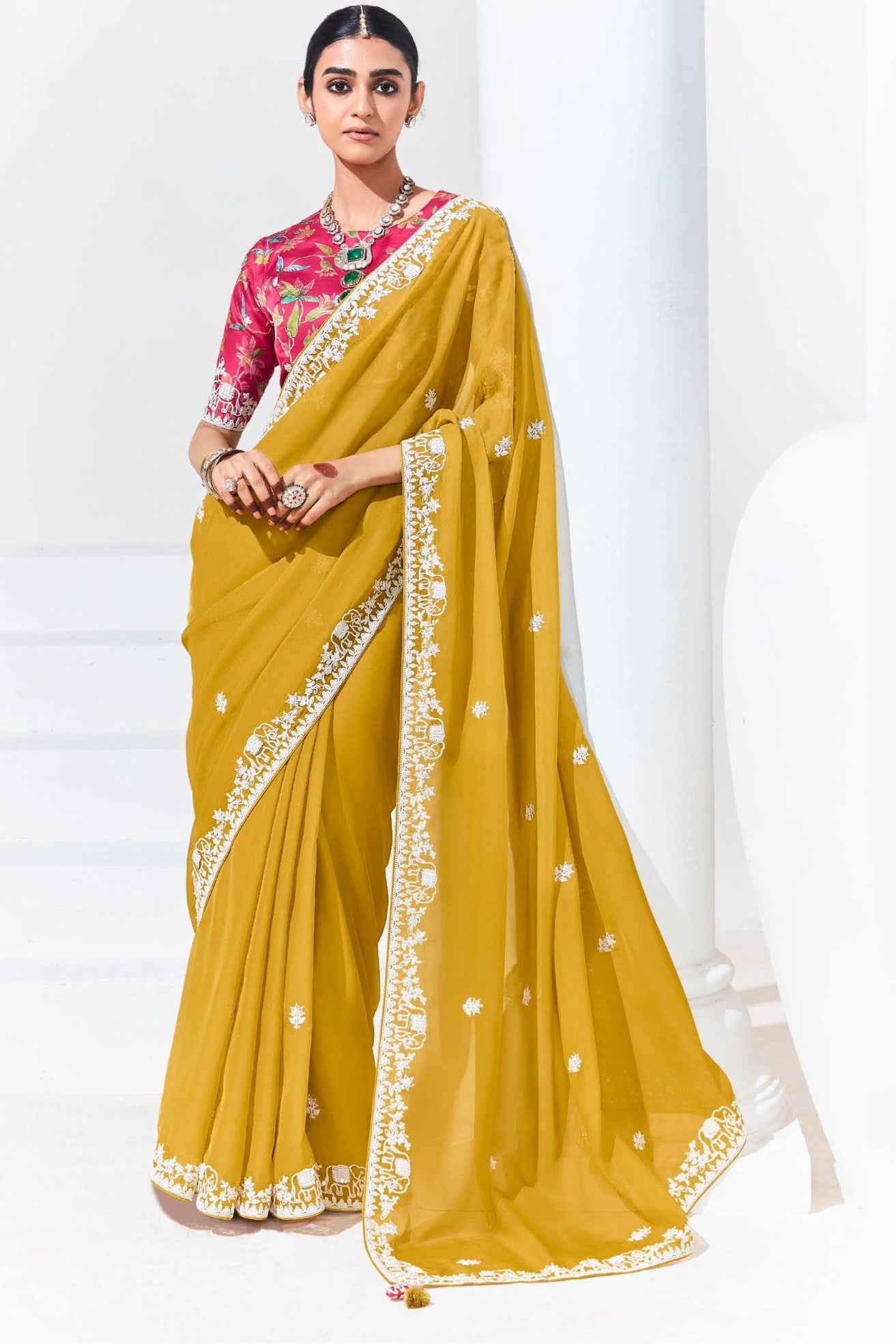 Buy MySilkLove Hot Toddy Yellow Tissue Organza Designer Partywear Saree Online