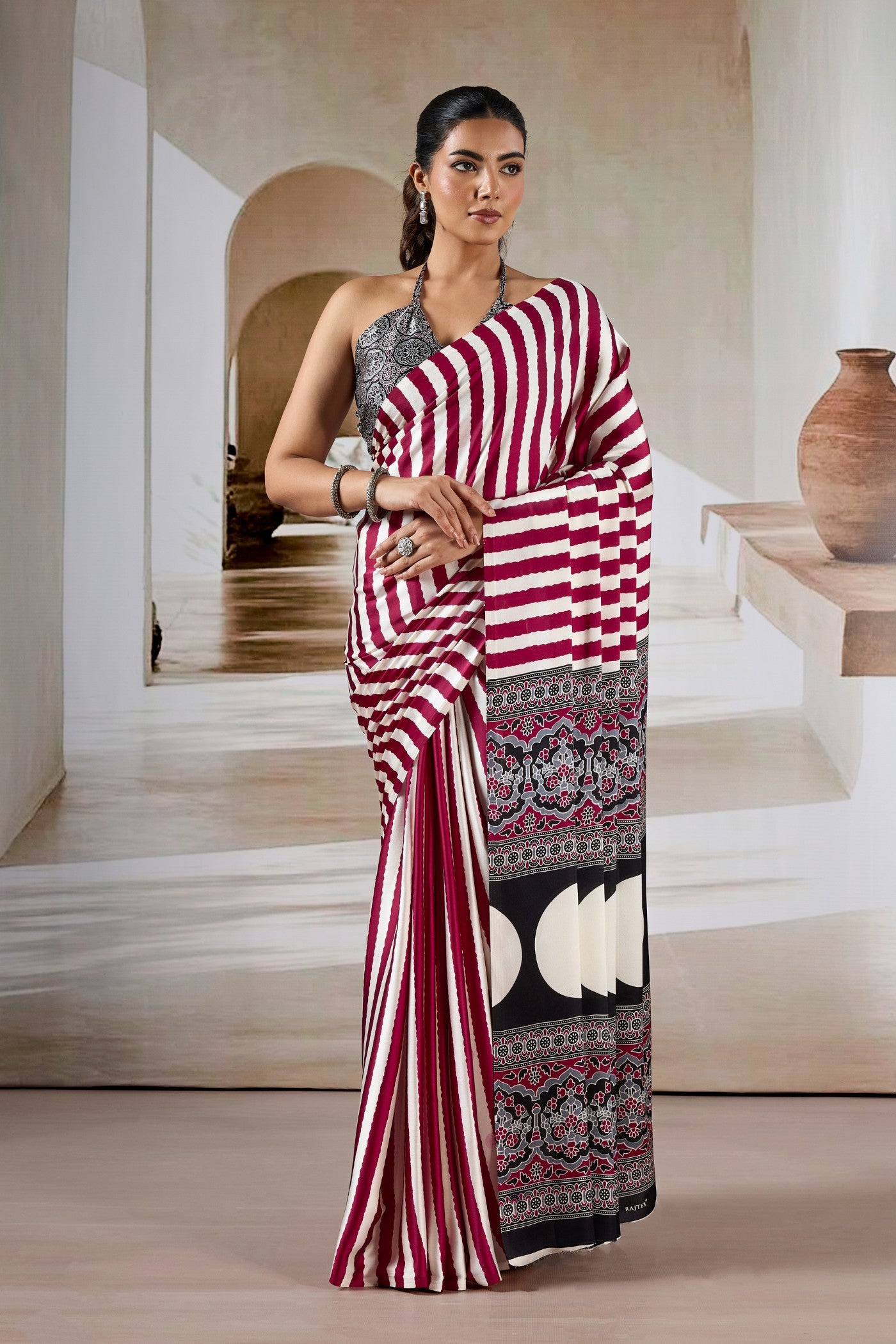Buy MySilkLove Rosewood Maroon Stripe Ajrakh Printed Satin Crepe Silk Saree Online