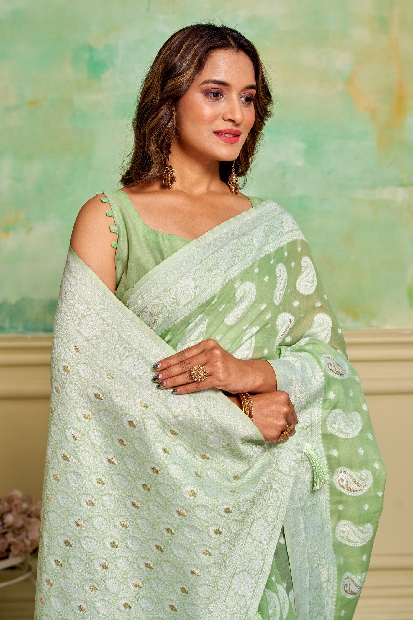 Buy MySilkLove Seafoam Green Woven Cotton Saree Online