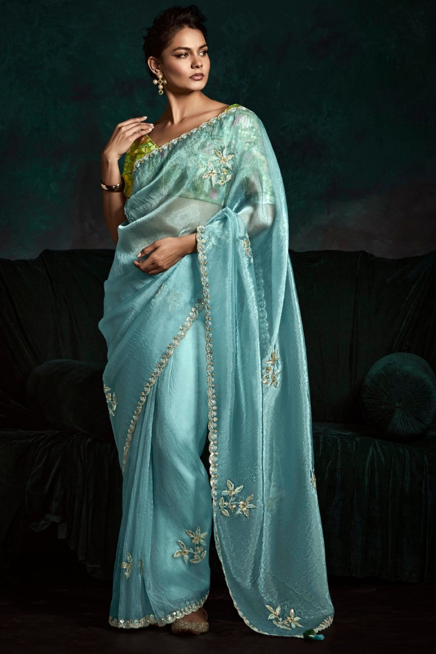 Buy MySilkLove Smalt Blue Embroidered Tissue Designer Saree Online