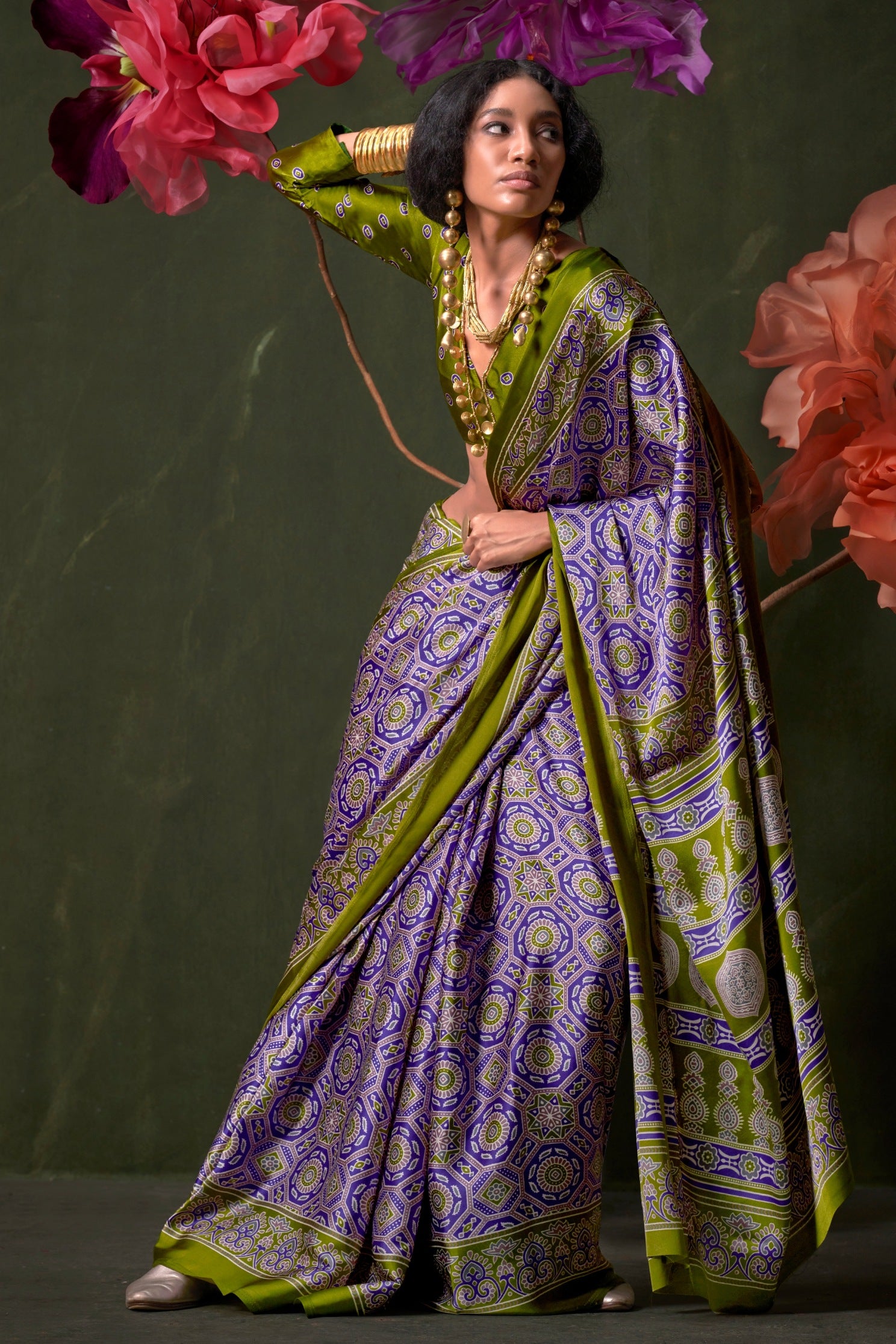 Buy MySilkLove Veronica Purple and Green Ajrakh Printed Satin Crepe Silk Saree Online
