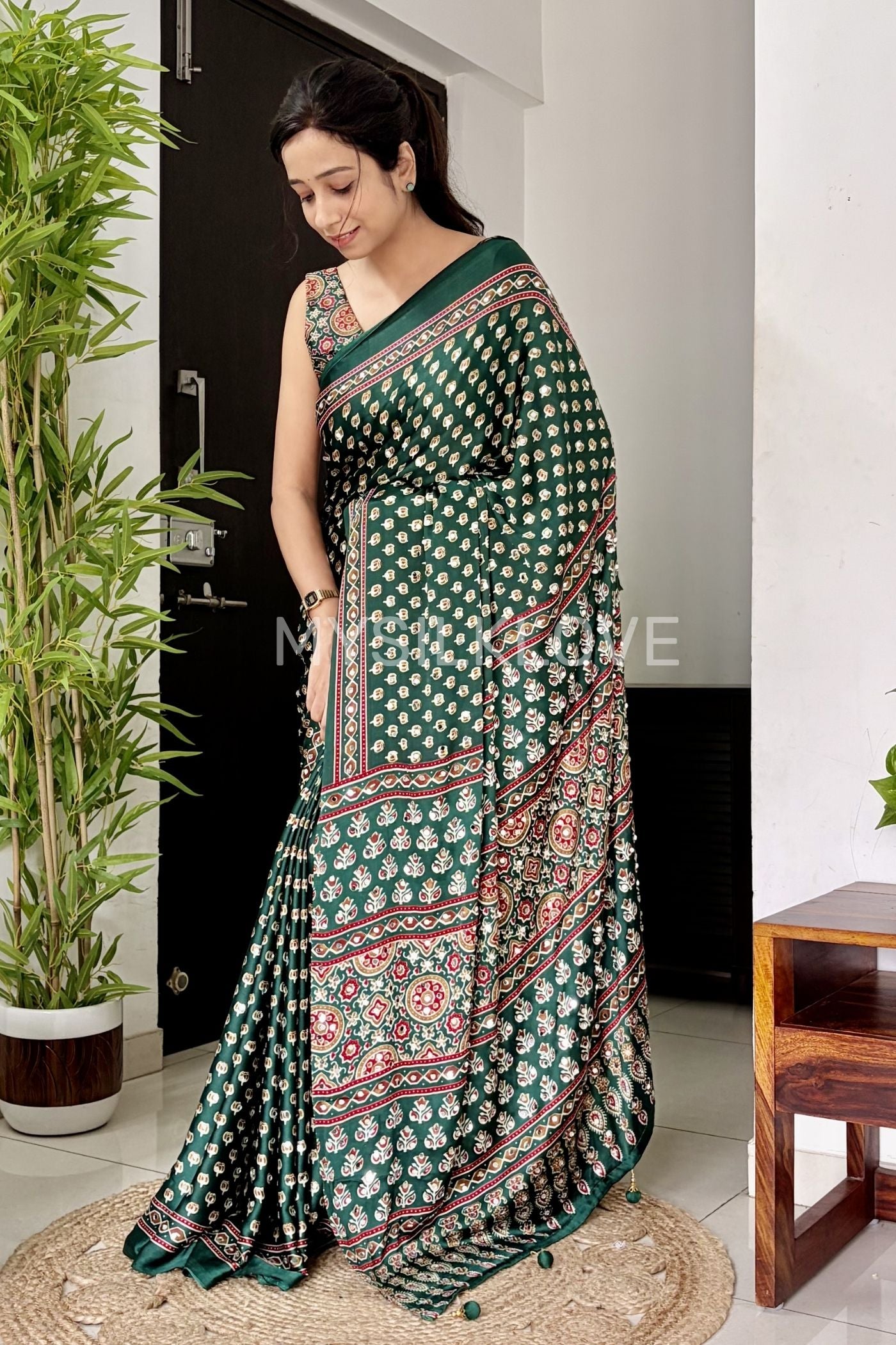 Buy MySilkLove Bottle Green Ajrakh Printed Mirror Work satin Saree Online