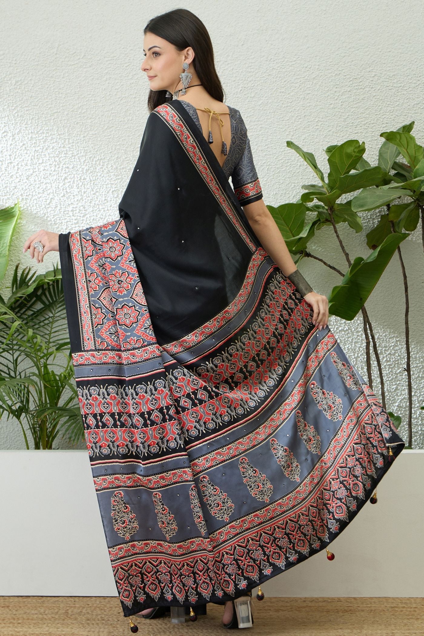 Buy MySilkLove Obsidian Black and Grey Modal Ajrakh Satin Printed Silk Saree Online