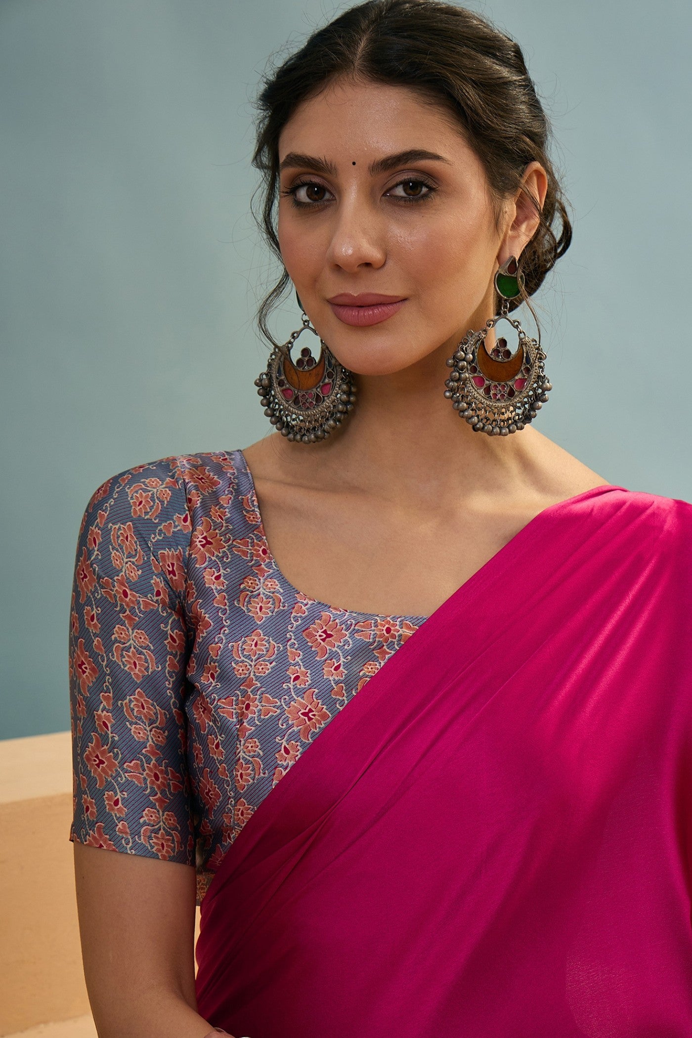 MySilkLove Moonhex Pink Ajrakh Printed Satin Crepe Silk Saree