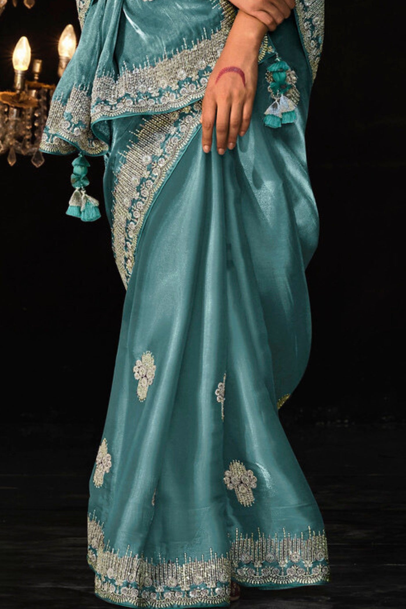 Buy MySilkLove Baby Blue Tissue Embroidered Designer Saree Online