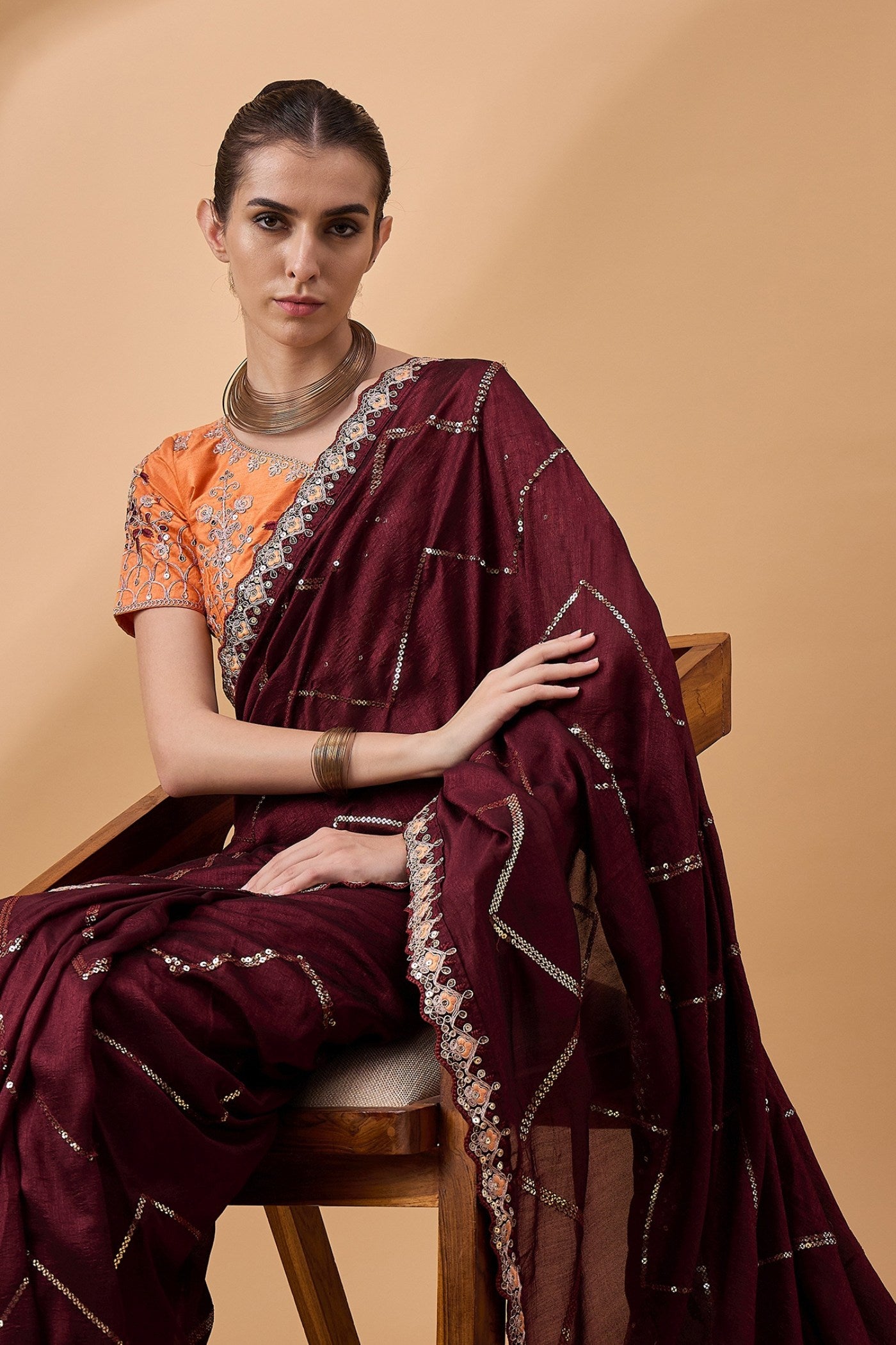 Buy MySilkLove Cowboy Brown Chinon Partywear Saree Online