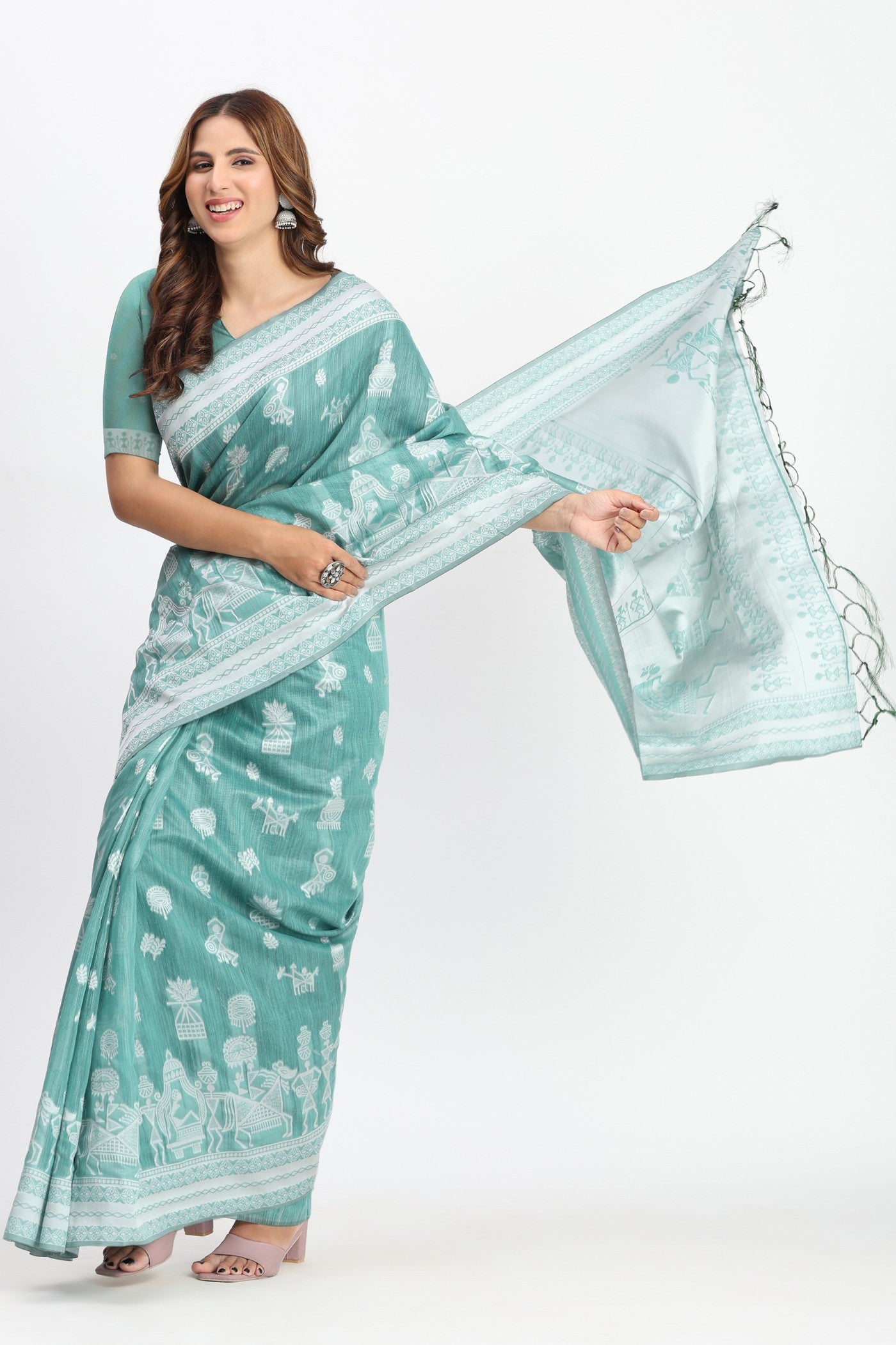 Buy MySilkLove Eton Green Woven Linen Cotton Saree Online