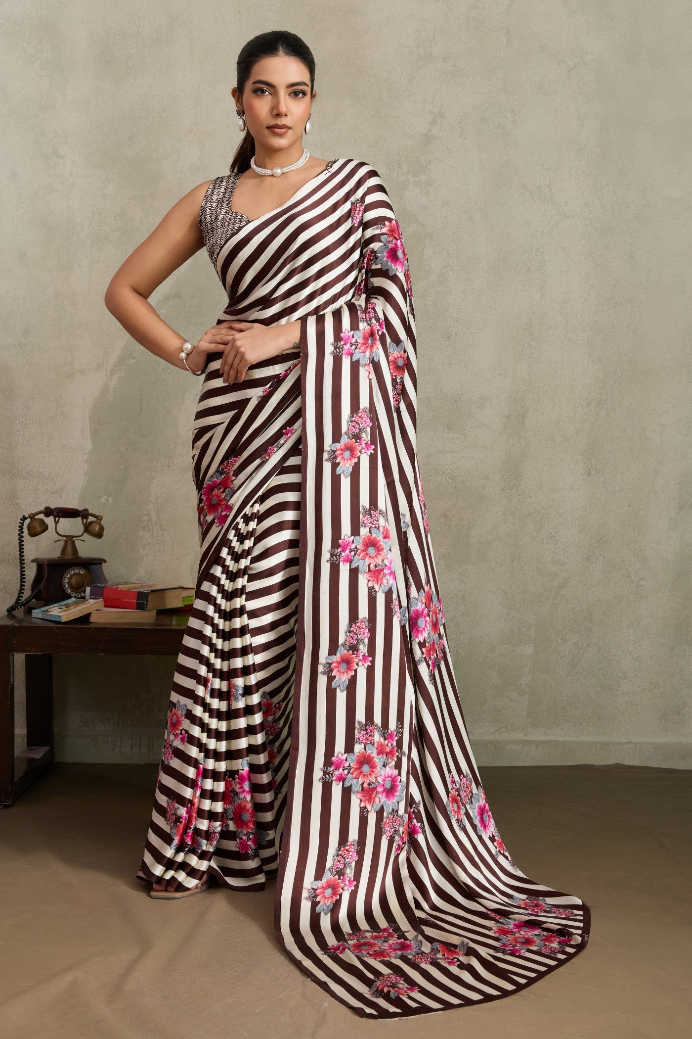 Buy MySilkLove Umber Brown Ajrakh Printed Satin Crepe Silk Saree Online