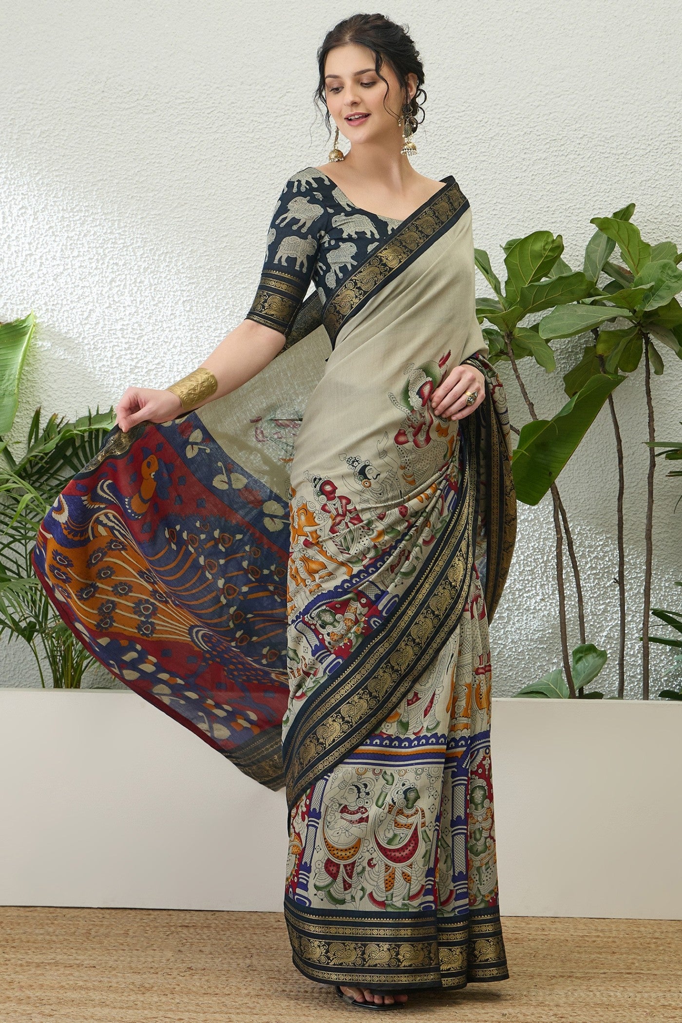 Buy MySilkLove Cloudy Grey Printed Cotton Saree Online