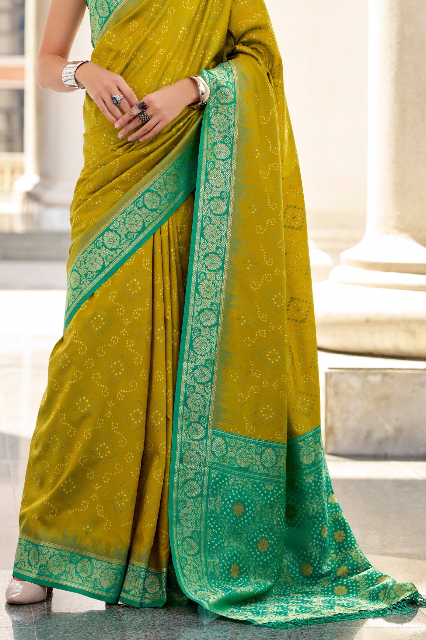 Buy MySilkLove Corn Harvest Green Woven Banarasi Bandhani Soft Silk Saree Online