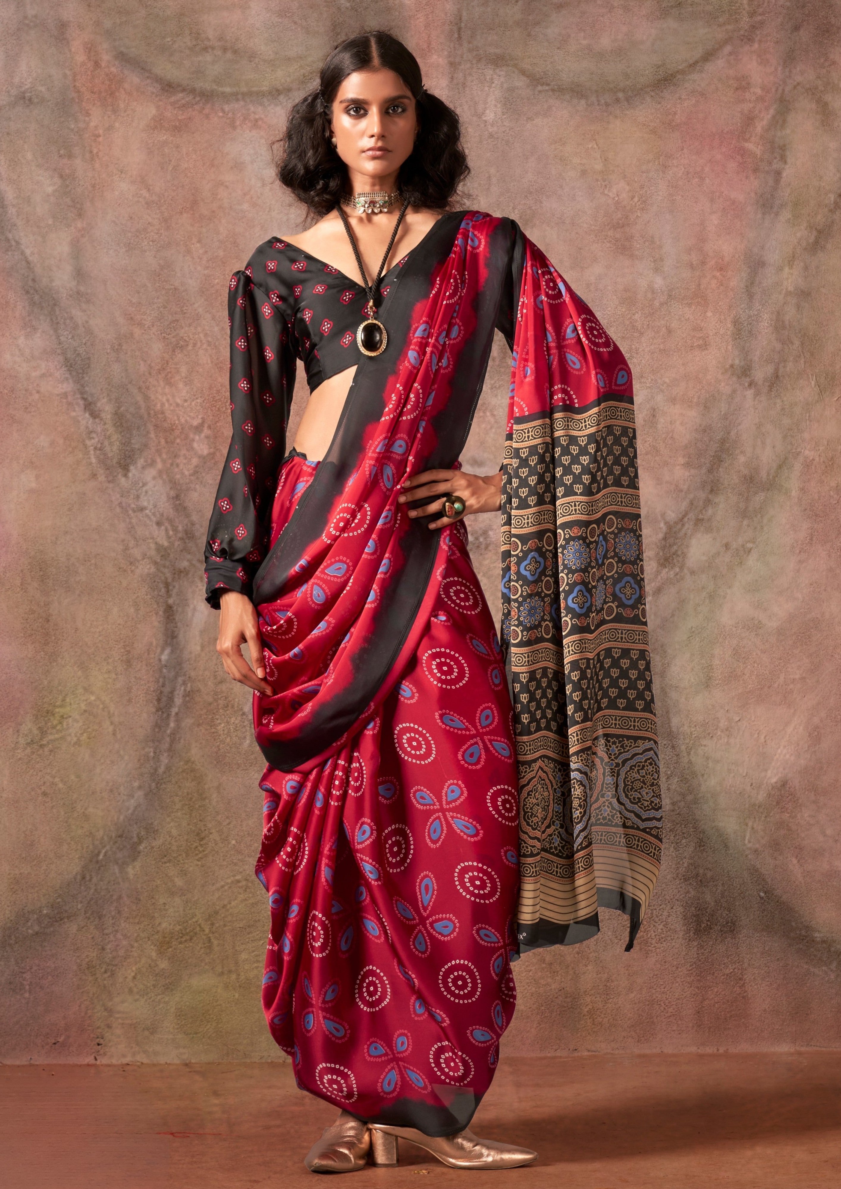 Buy MySilkLove Falun Red Ajrakh Printed Satin Georgette Silk Saree Online