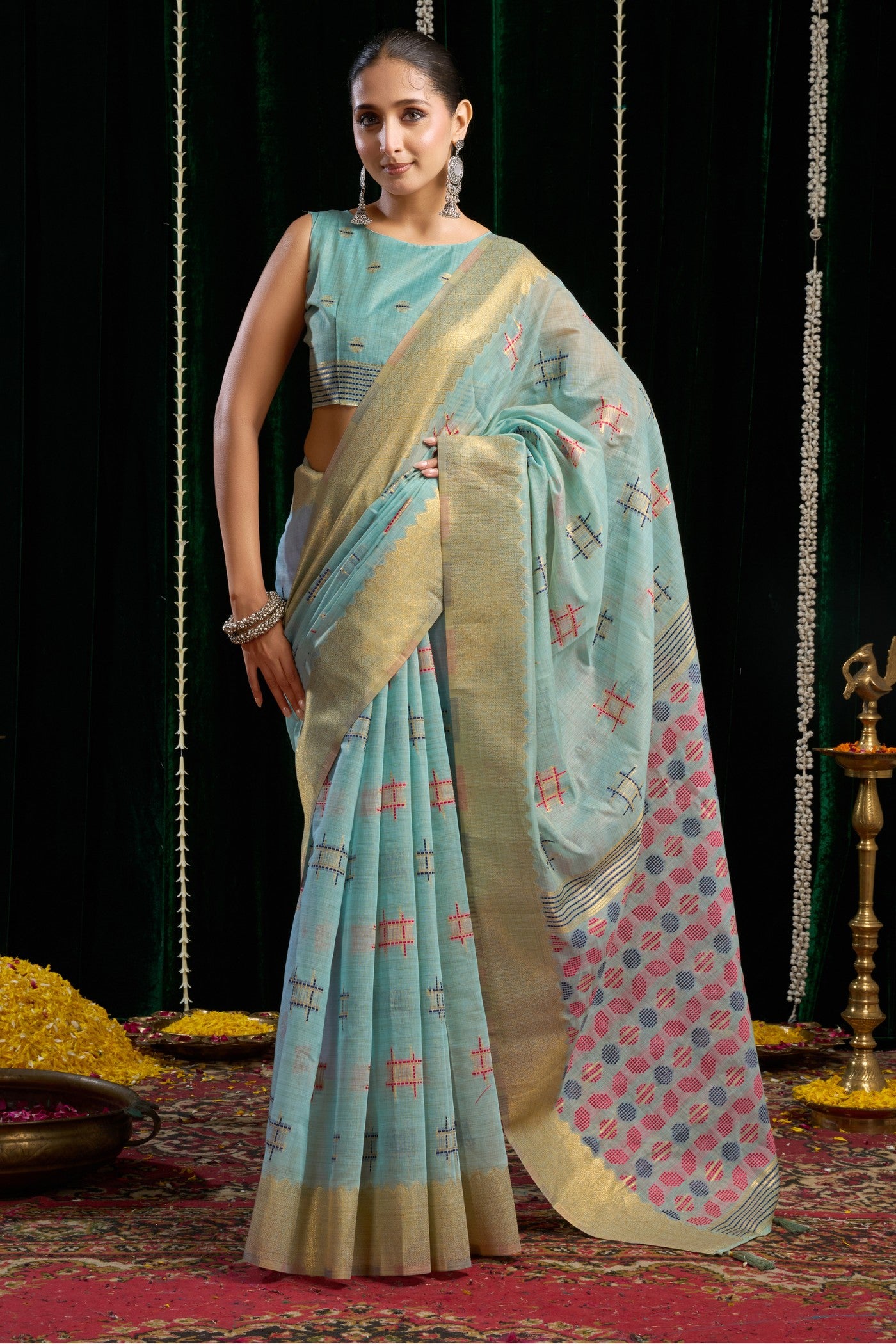 Buy MySilkLove Celtic Blue Woven Cotton Saree Online
