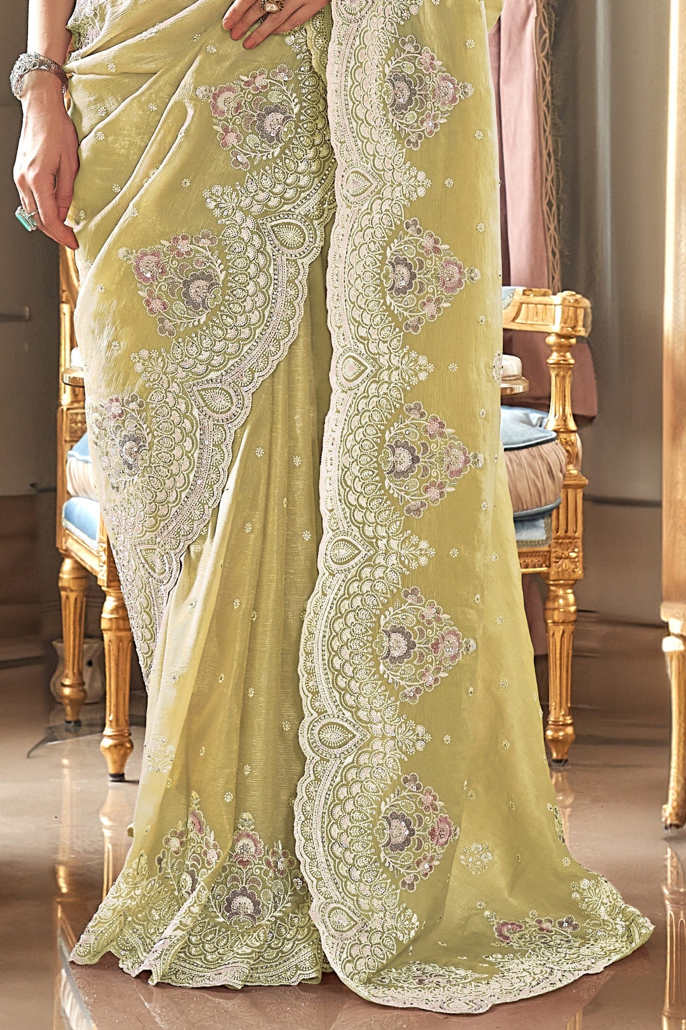 Buy MySilkLove Cape Honey Yellow Embroidery Designer Saree Online