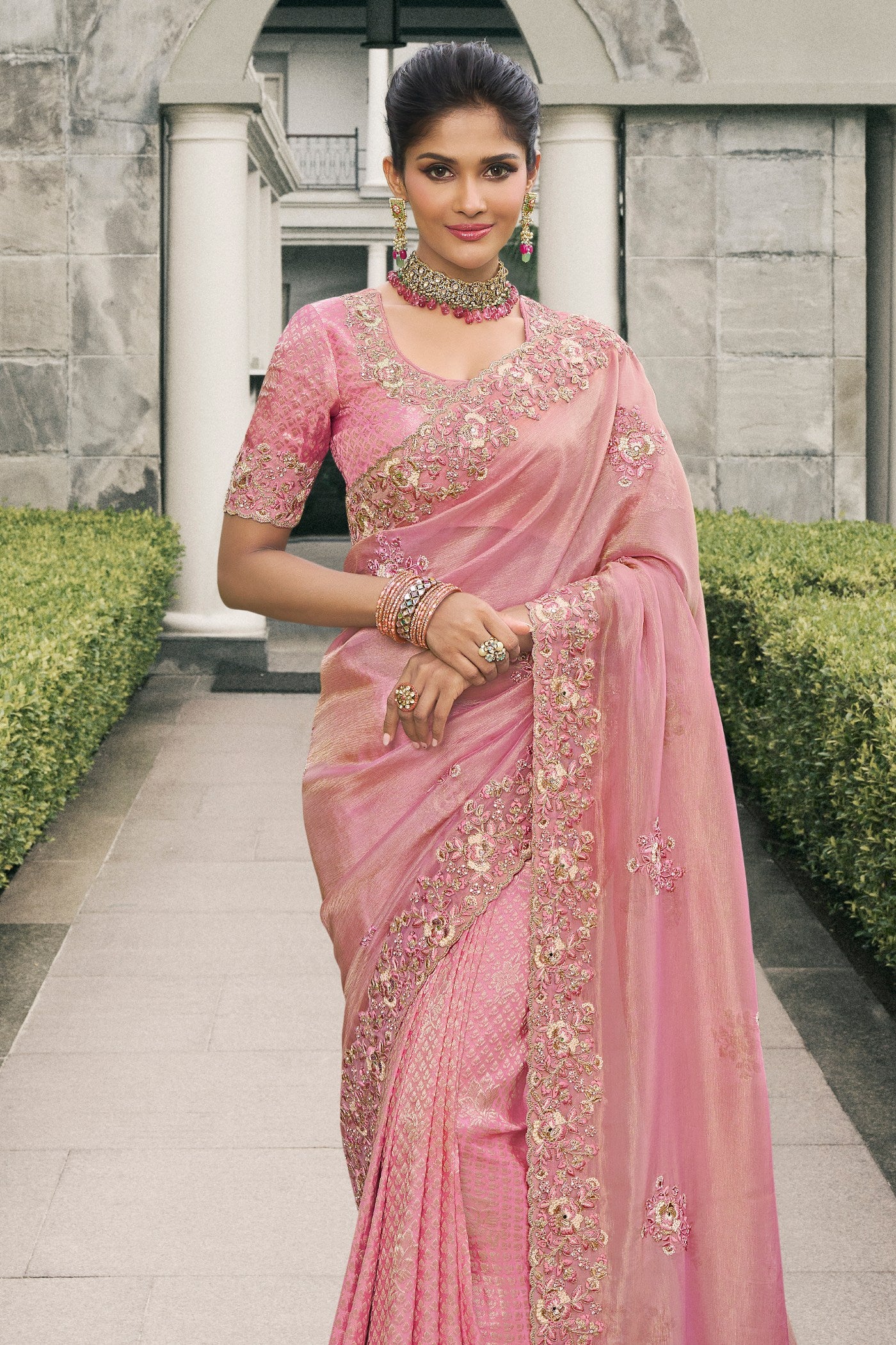 Buy MySilkLove Mauvelous Pink Banarasi Designer Embroidered Saree Online