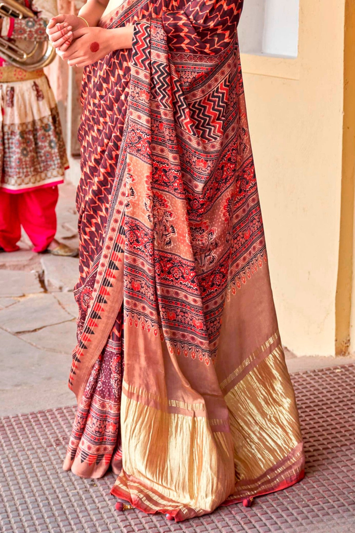 Buy MySilkLove Sweet Brown Ajrakh Handprinted Satin Saree Online