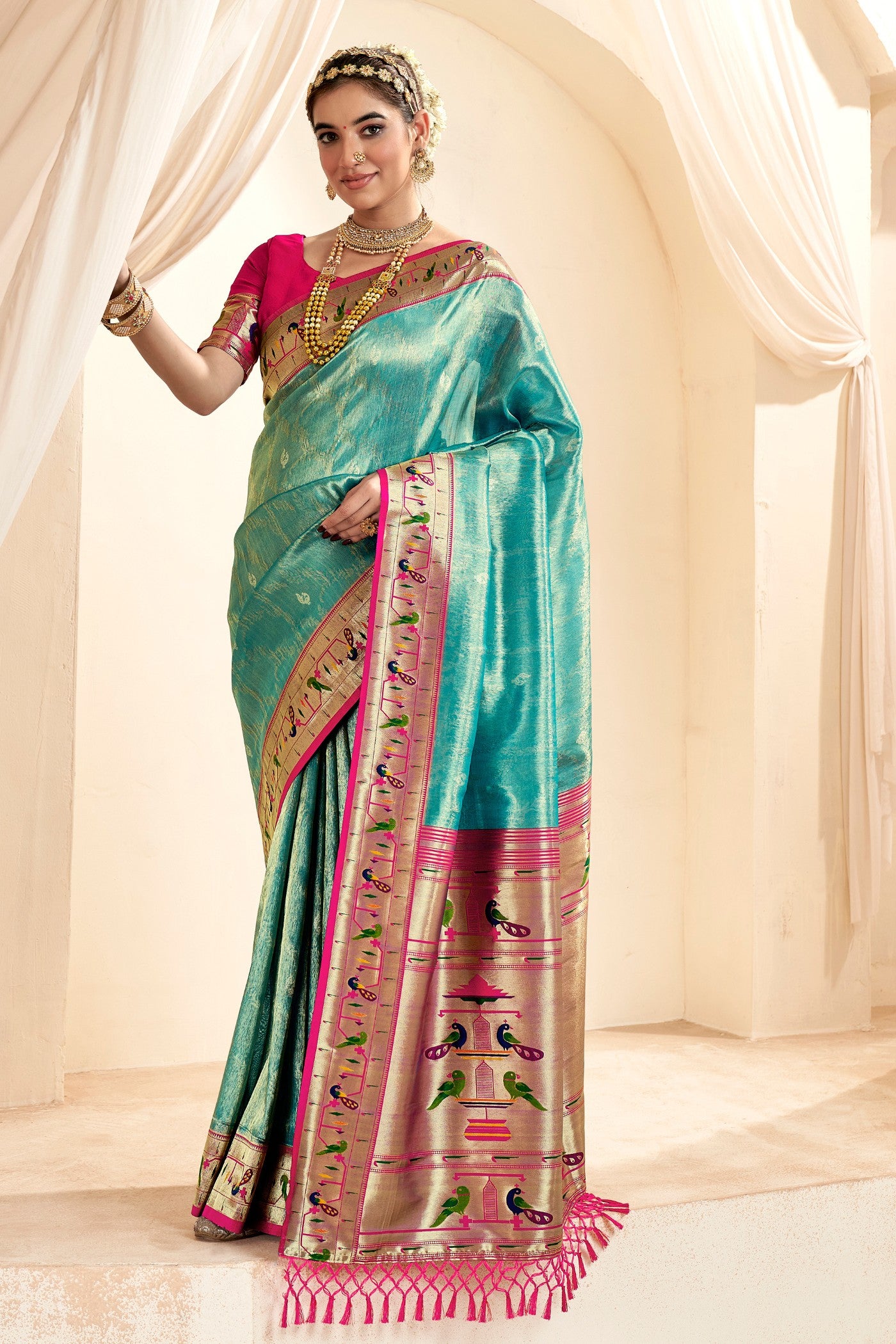 Buy MySilkLove Sea Turtle Green Zari Woven Paithani Tissue Saree Online