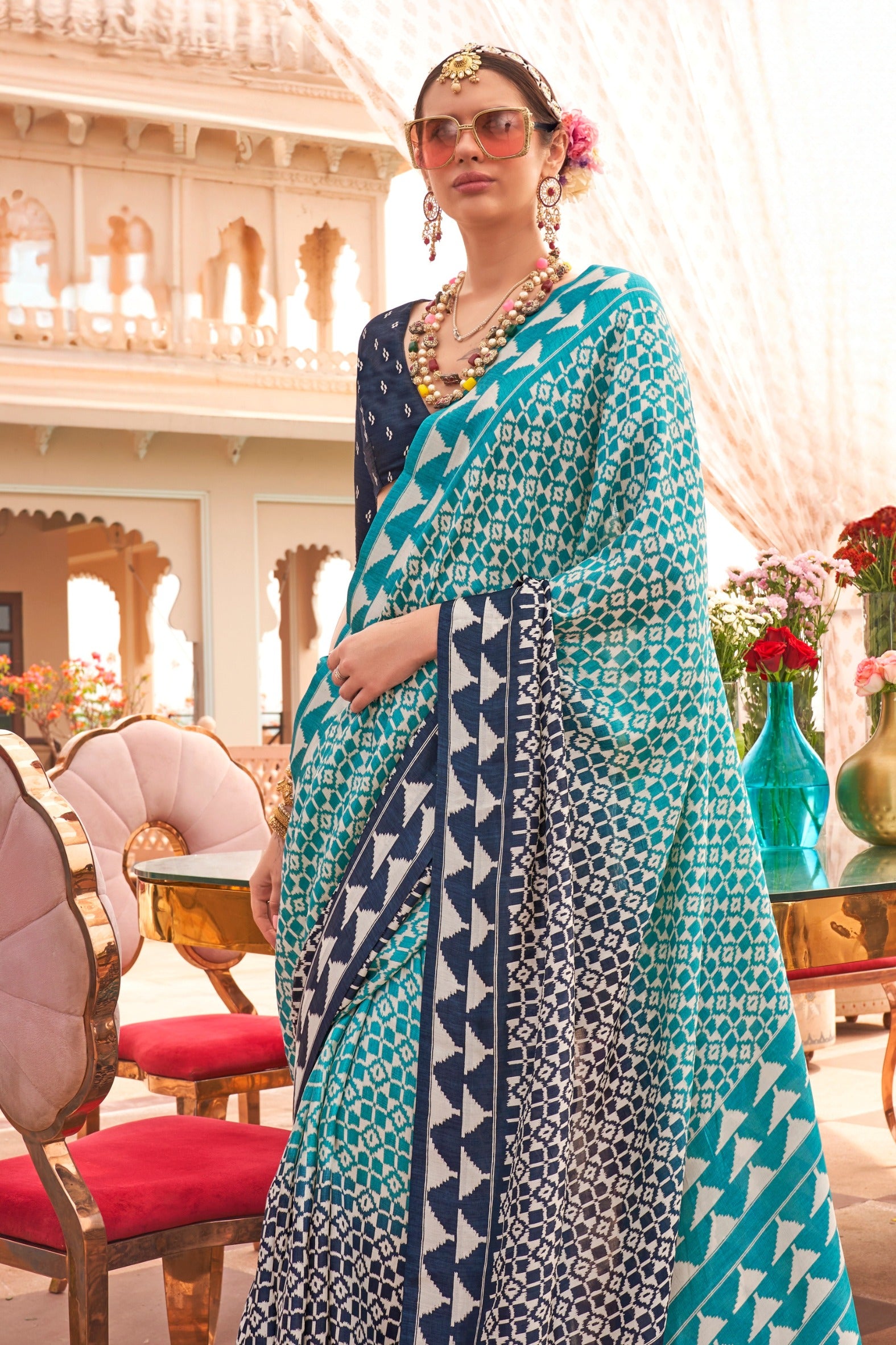 Buy MySilkLove Cool Blue Printed Patola Saree Online