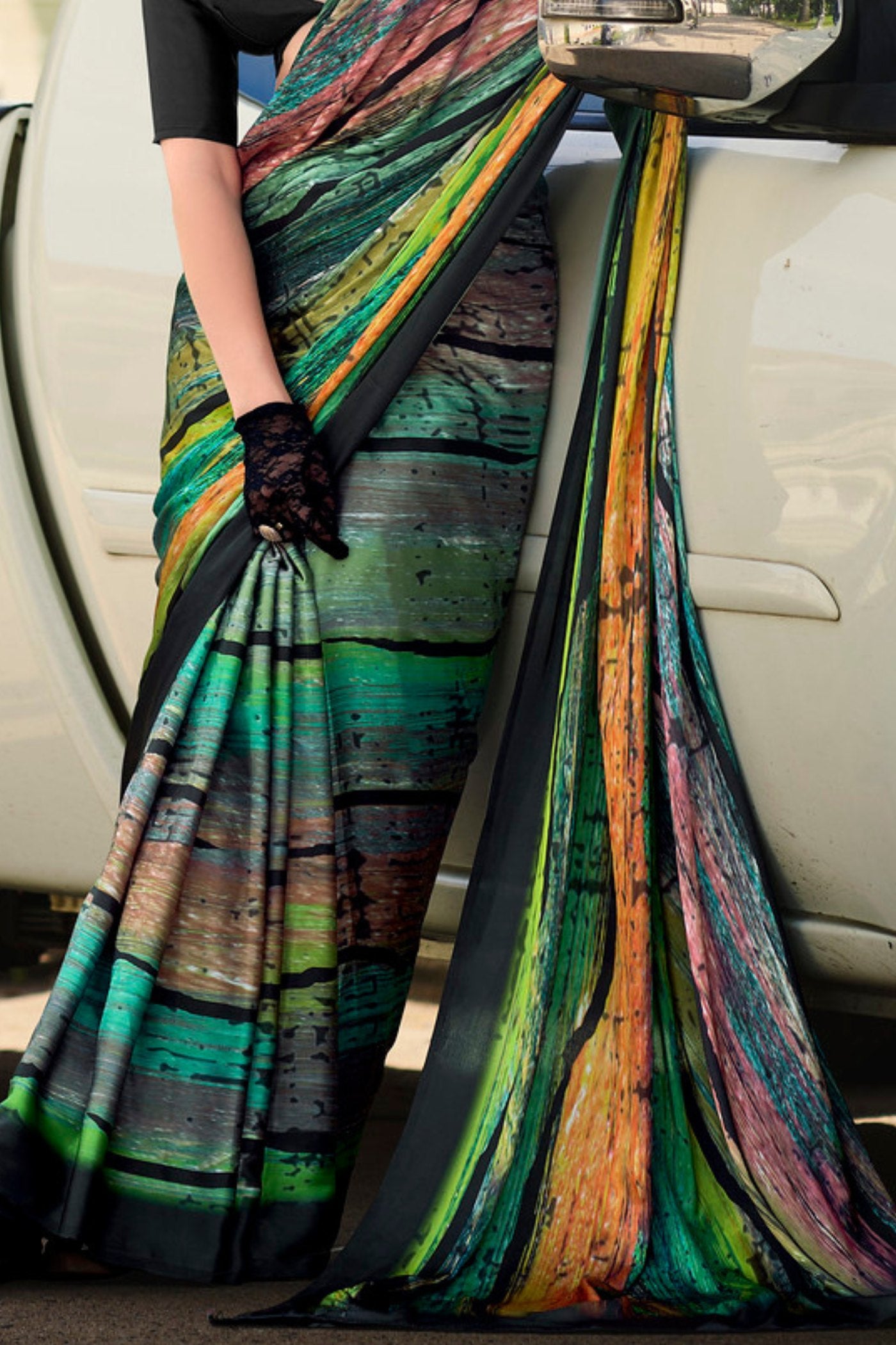 Buy MySilkLove Outer Space Green Printed Satin Crepe Silk Saree Online