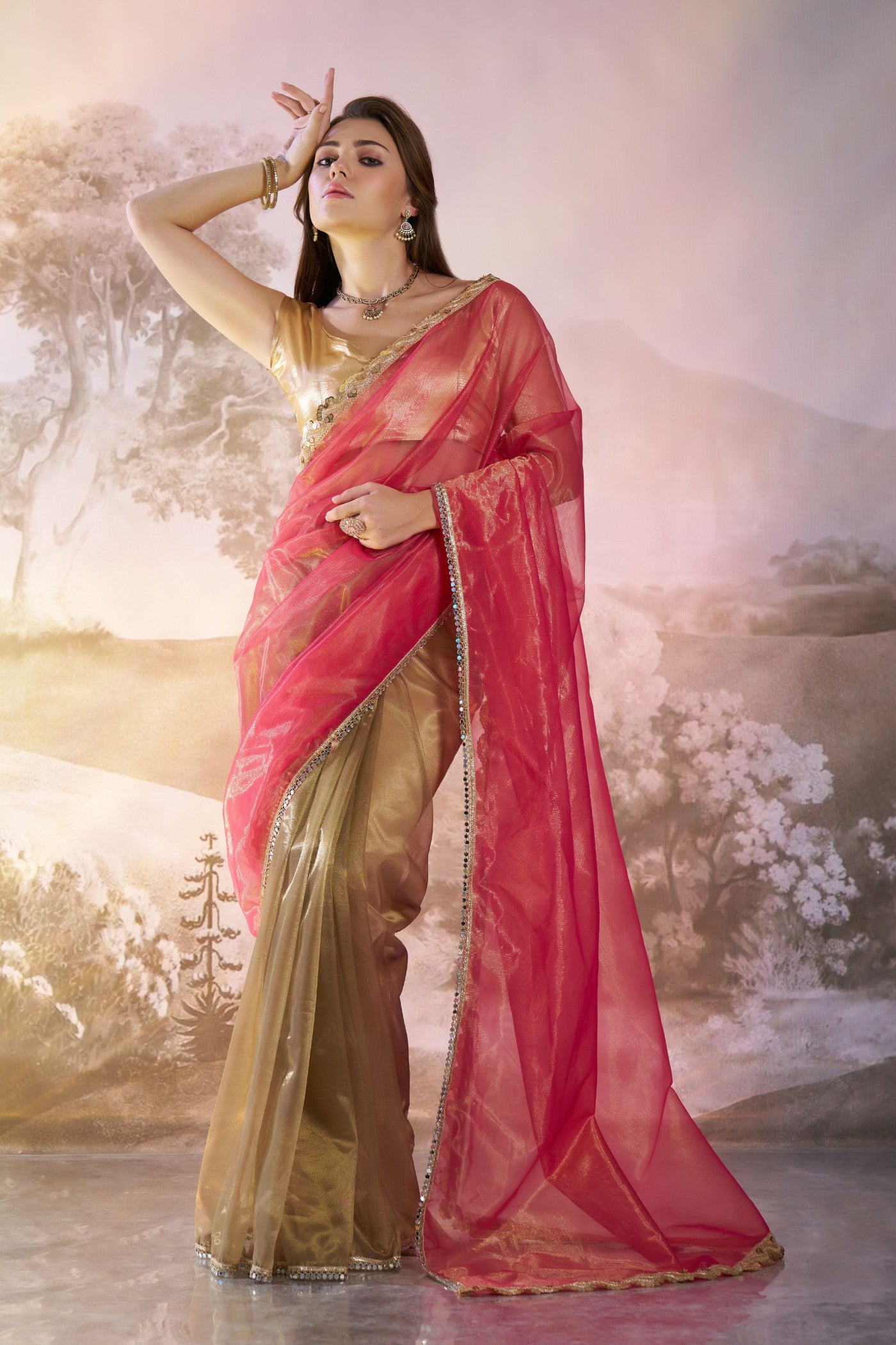 Buy MySilkLove Cardinal Pink and Green Partywear Net Saree Online