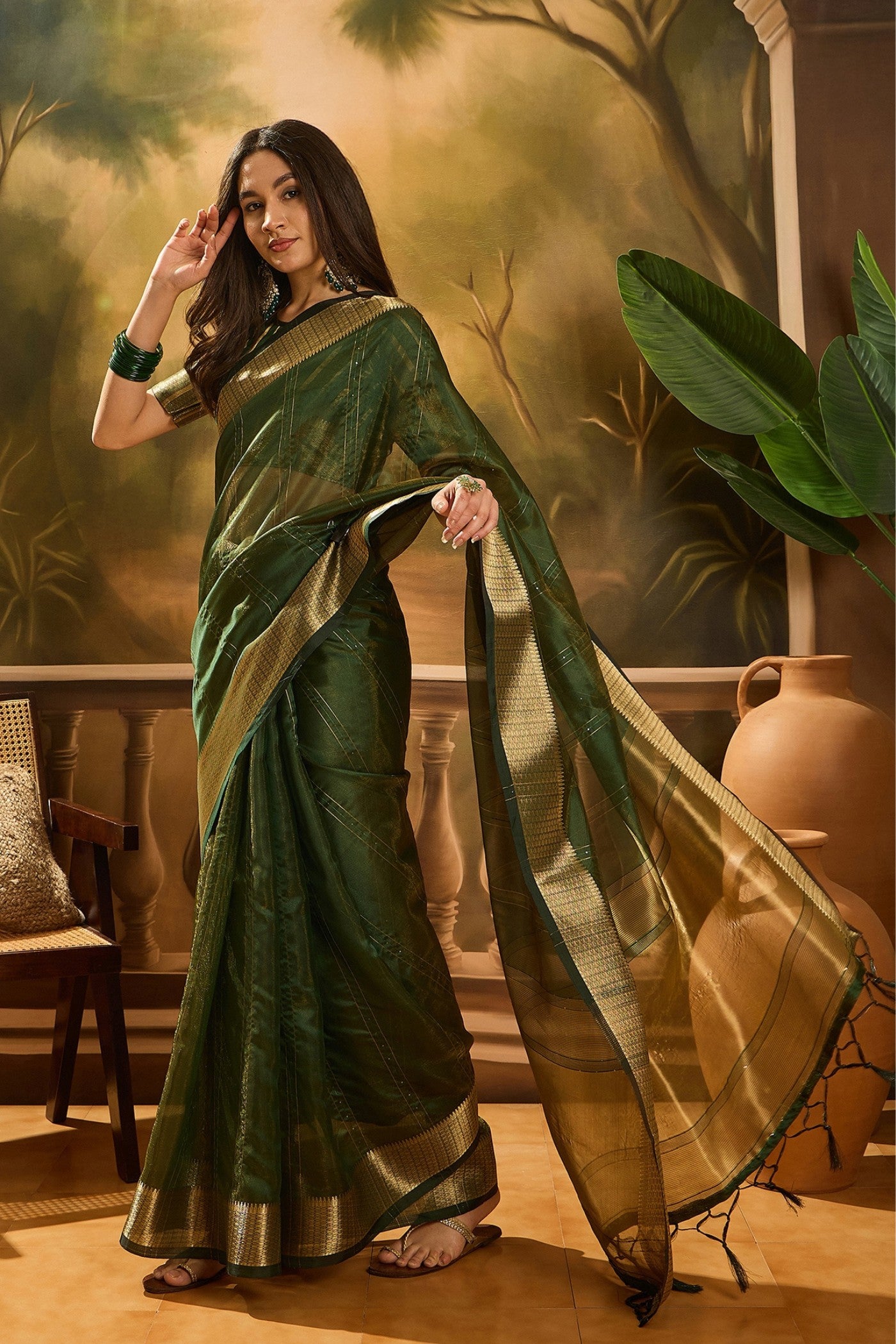 Buy MySilkLove Cadmium Green Woven Organza Saree Online