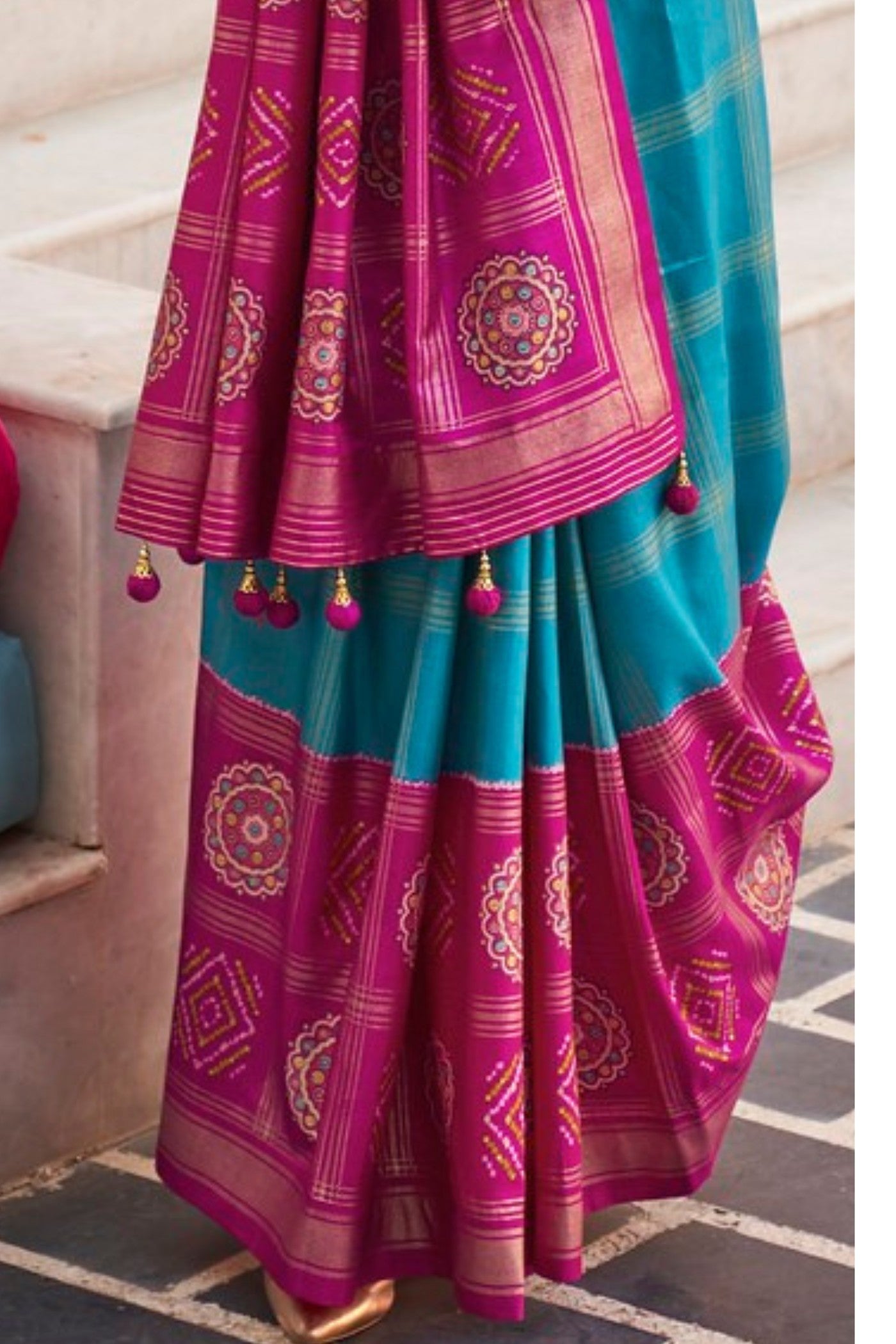 Buy MySilkLove Cyan Blue and Pink Printed Patola Saree Online