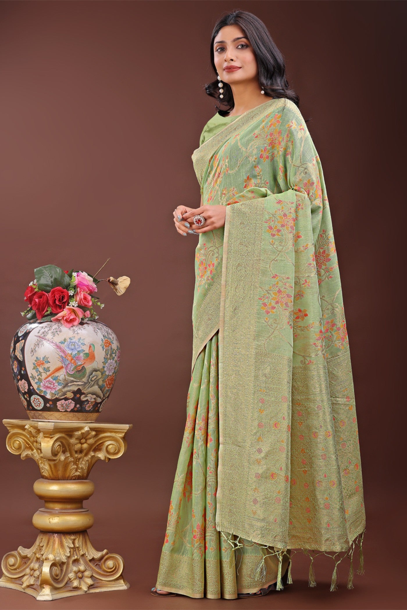 MySilkLove Olivine Light Green Linen Cotton Saree