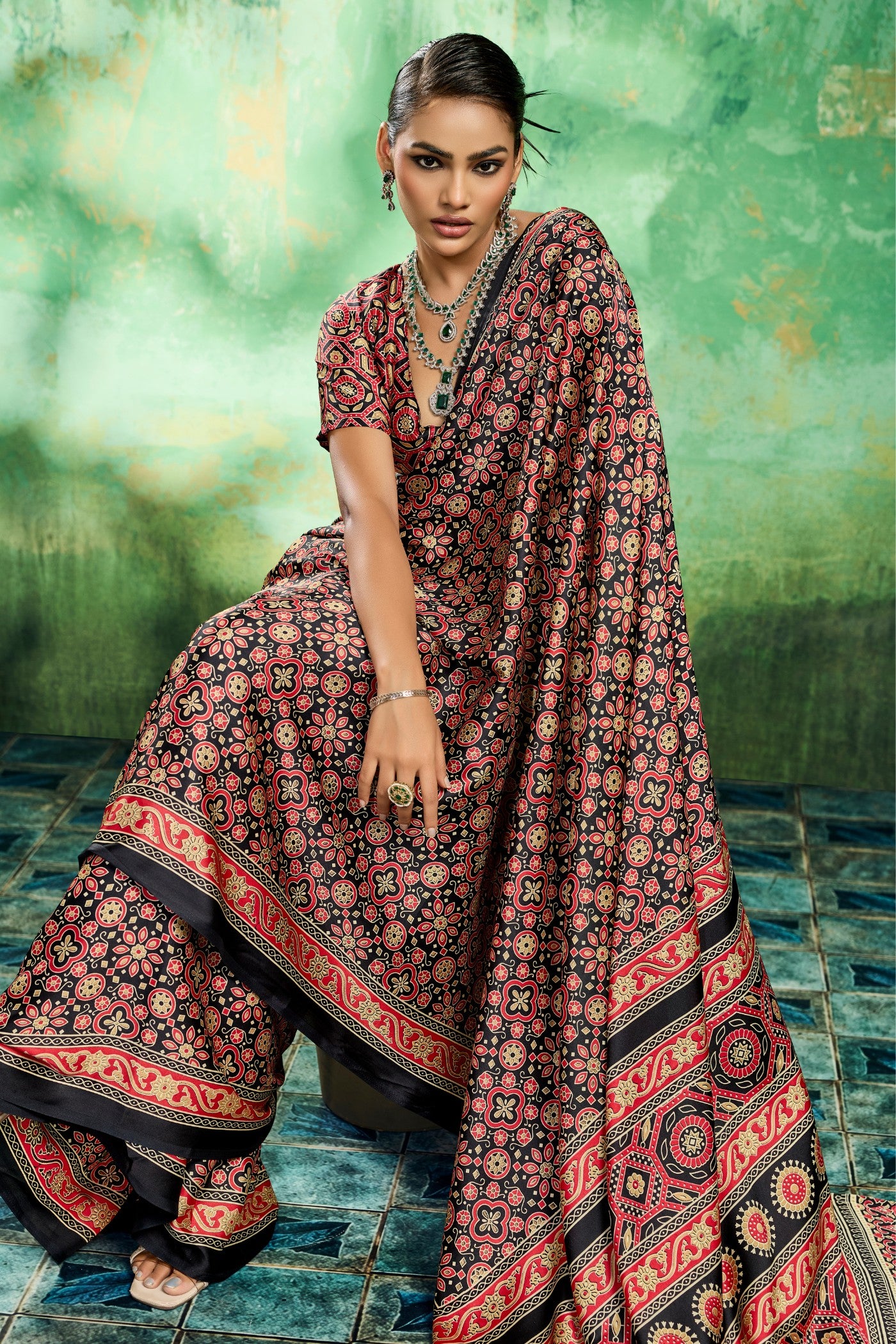 Buy MySilkLove Raven Glow Black Modal Ajrakh Satin Printed Silk Saree Online