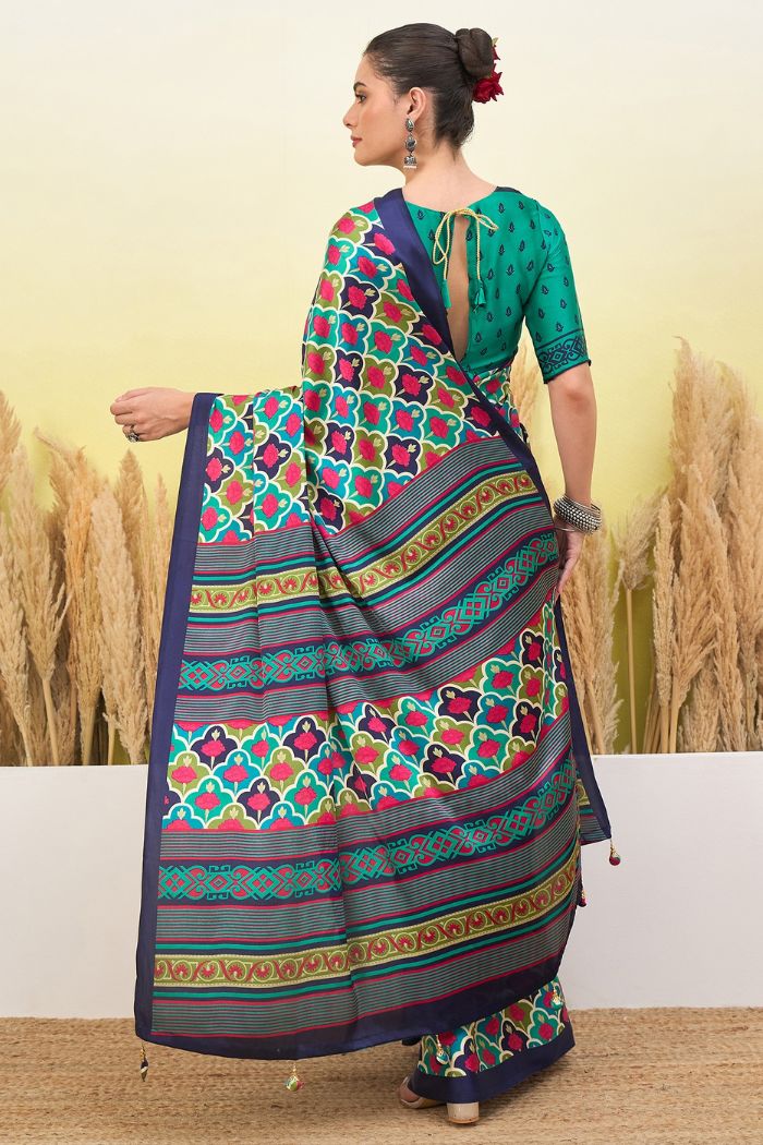 Buy MySilkLove Navy Blue and Green Modal Satin Printed Silk Saree Online