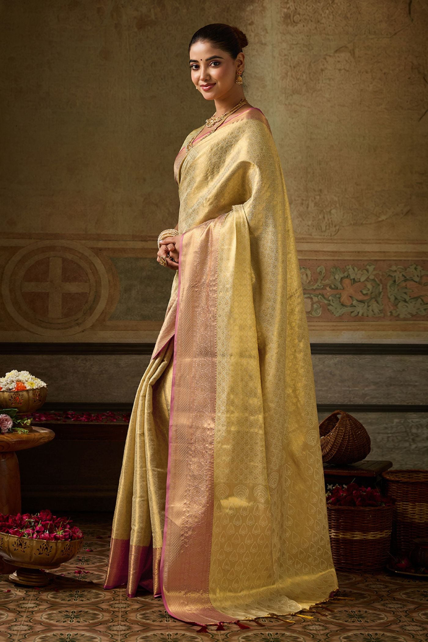 Buy MySilkLove Frosted Cream Woven Kanjivaram Saree Online